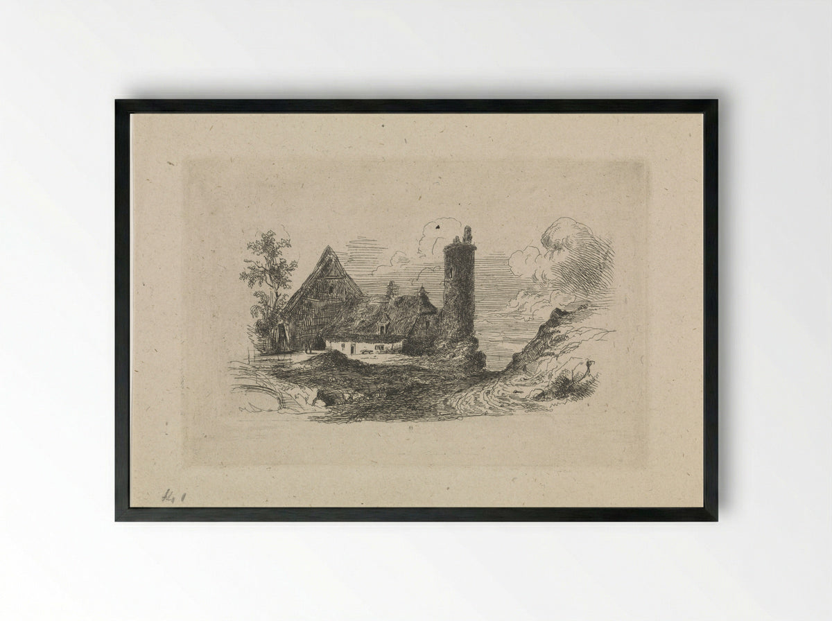 Landschap met boerderij en toren - Jan Baptiste De Jonghe - Framed Print Black