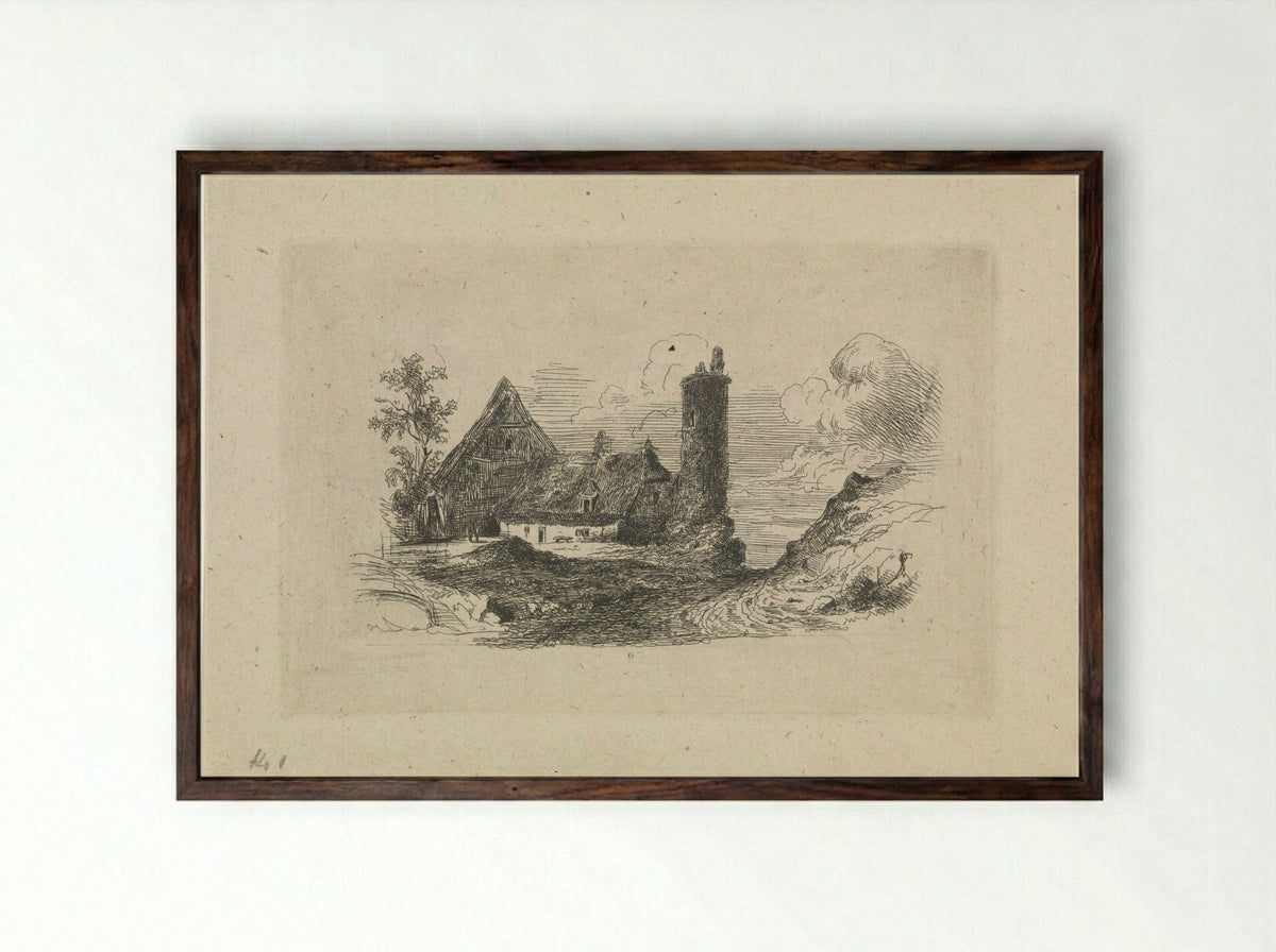 Landschap met boerderij en toren - Jan Baptiste De Jonghe - Framed Print Dark Wood