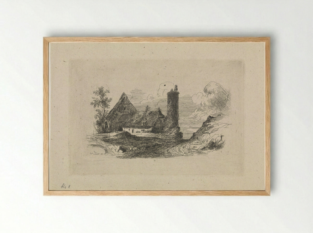 Landschap met boerderij en toren - Jan Baptiste De Jonghe - Framed Print Wood