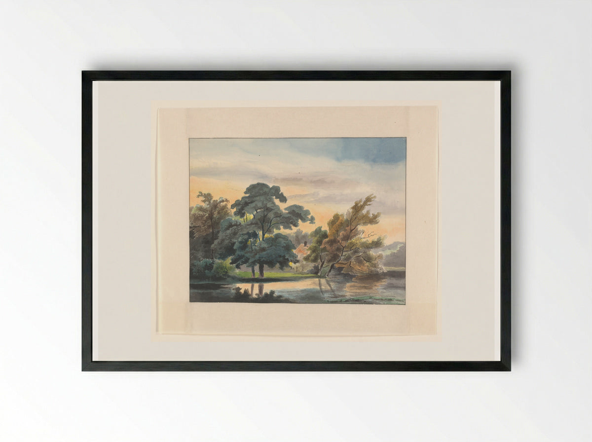 Landschap met bomen aan een waterkant - Johannes van Reijn - Framed Print Black