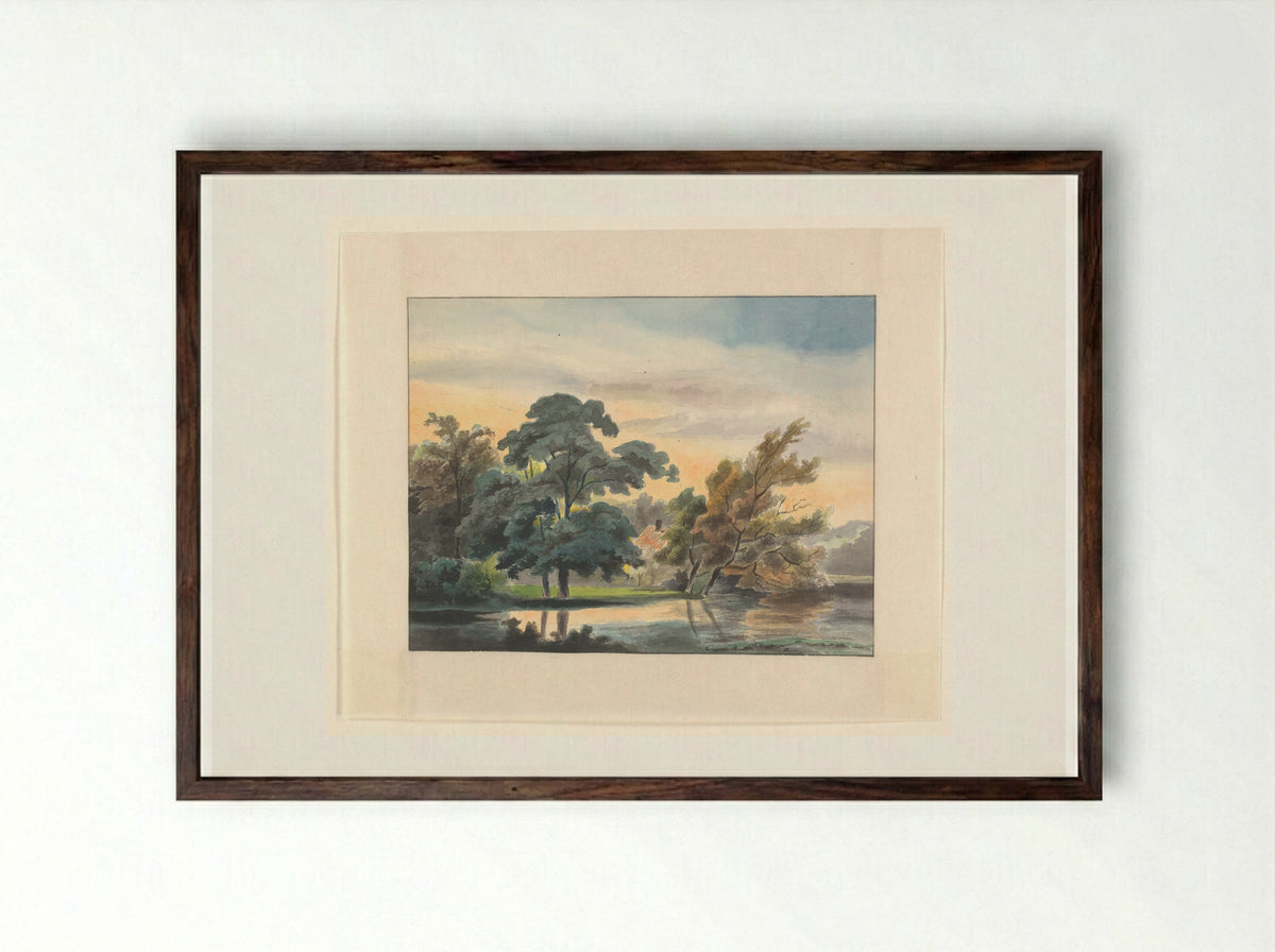 Landschap met bomen aan een waterkant - Johannes van Reijn - Framed Print Dark Wood