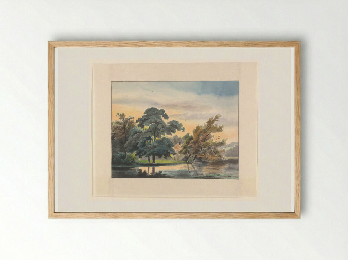 Landschap met bomen aan een waterkant - Johannes van Reijn - Framed Print Wood