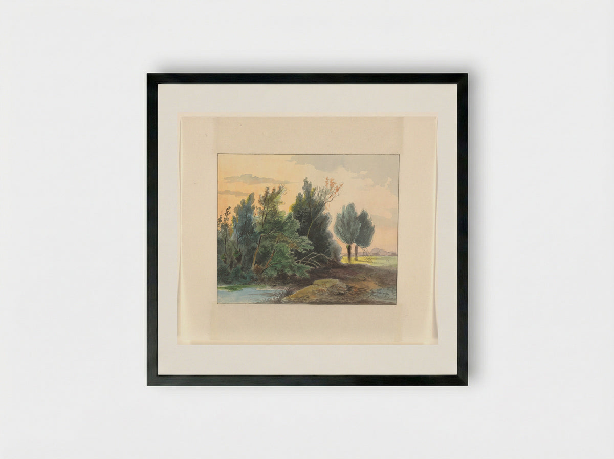 Landschap met bomen bij een sloot - Johannes van Reijn - Framed Print Black