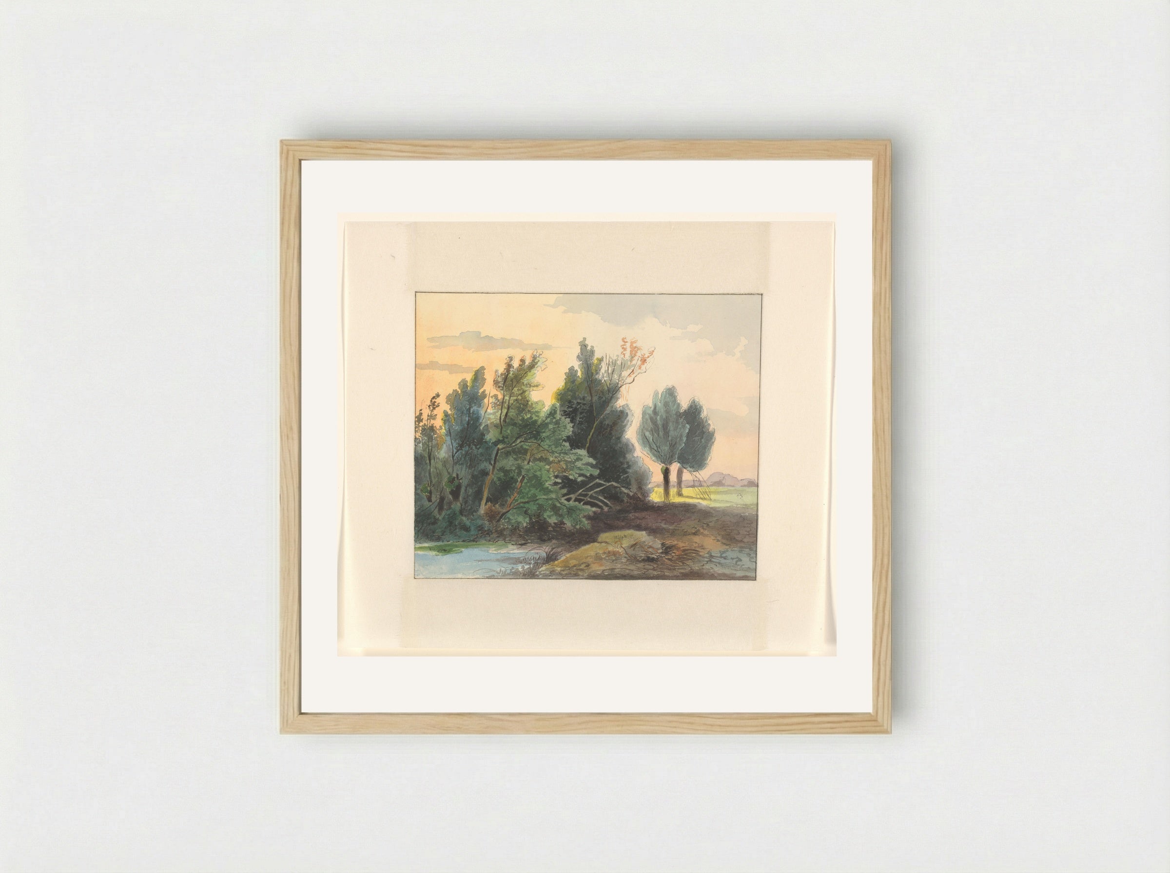 Landschap met bomen bij een sloot - Johannes van Reijn - Framed Print Wood