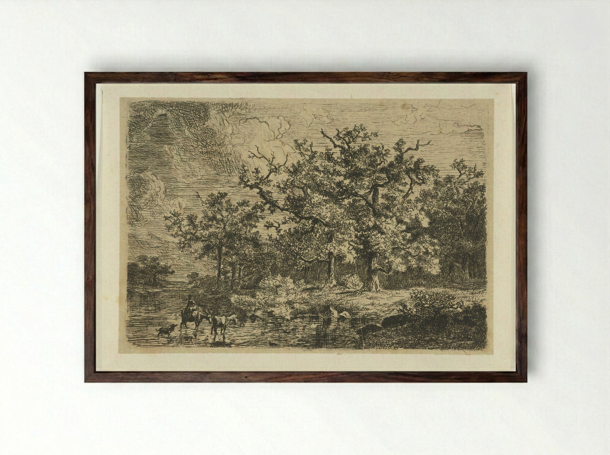 Landschap met bomen en vrouw op ezel in ondiep water - Willem Jan van den Berghe - Framed Print Dark Wood