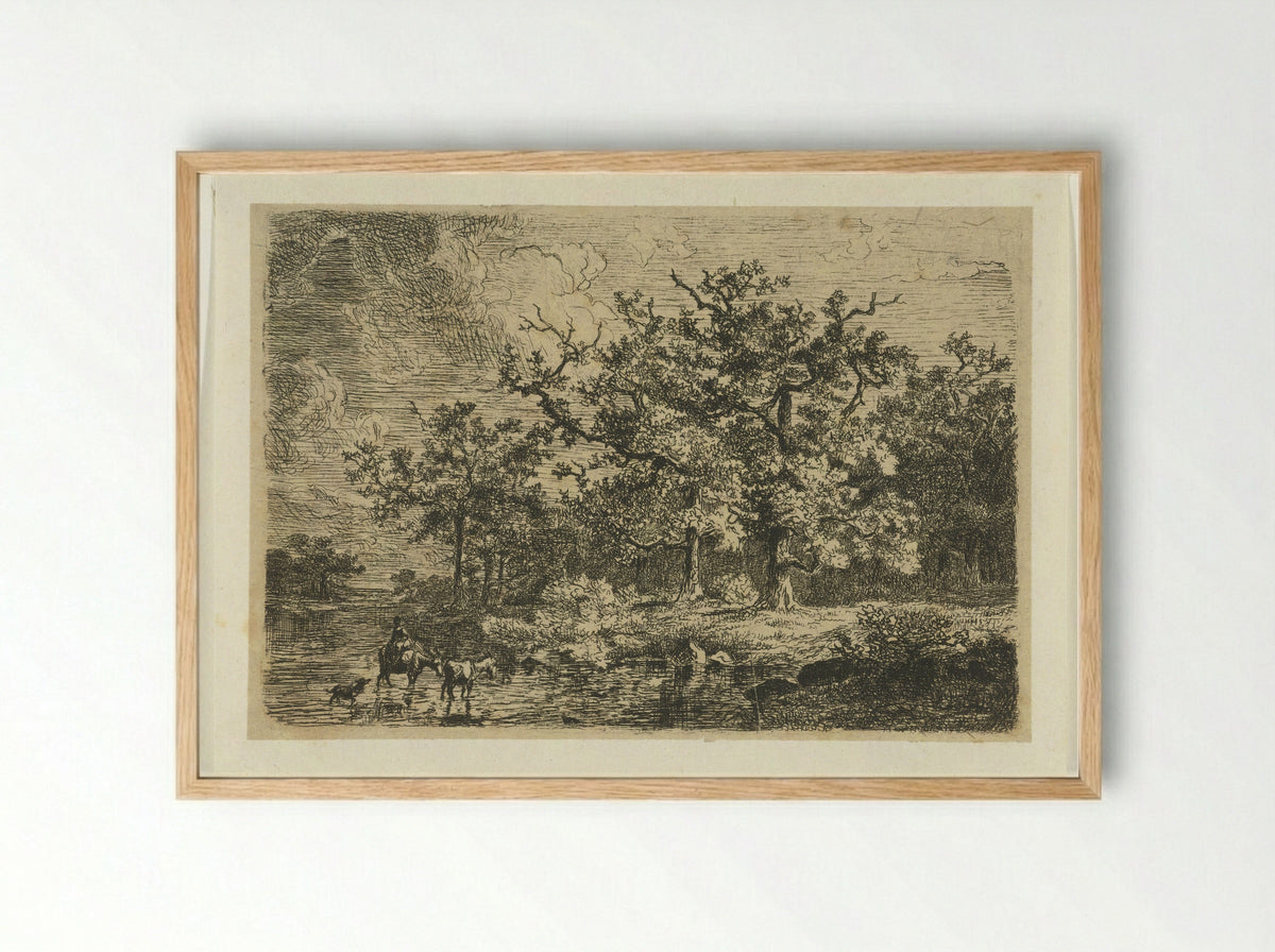 Landschap met bomen en vrouw op ezel in ondiep water - Willem Jan van den Berghe - Framed Print Wood