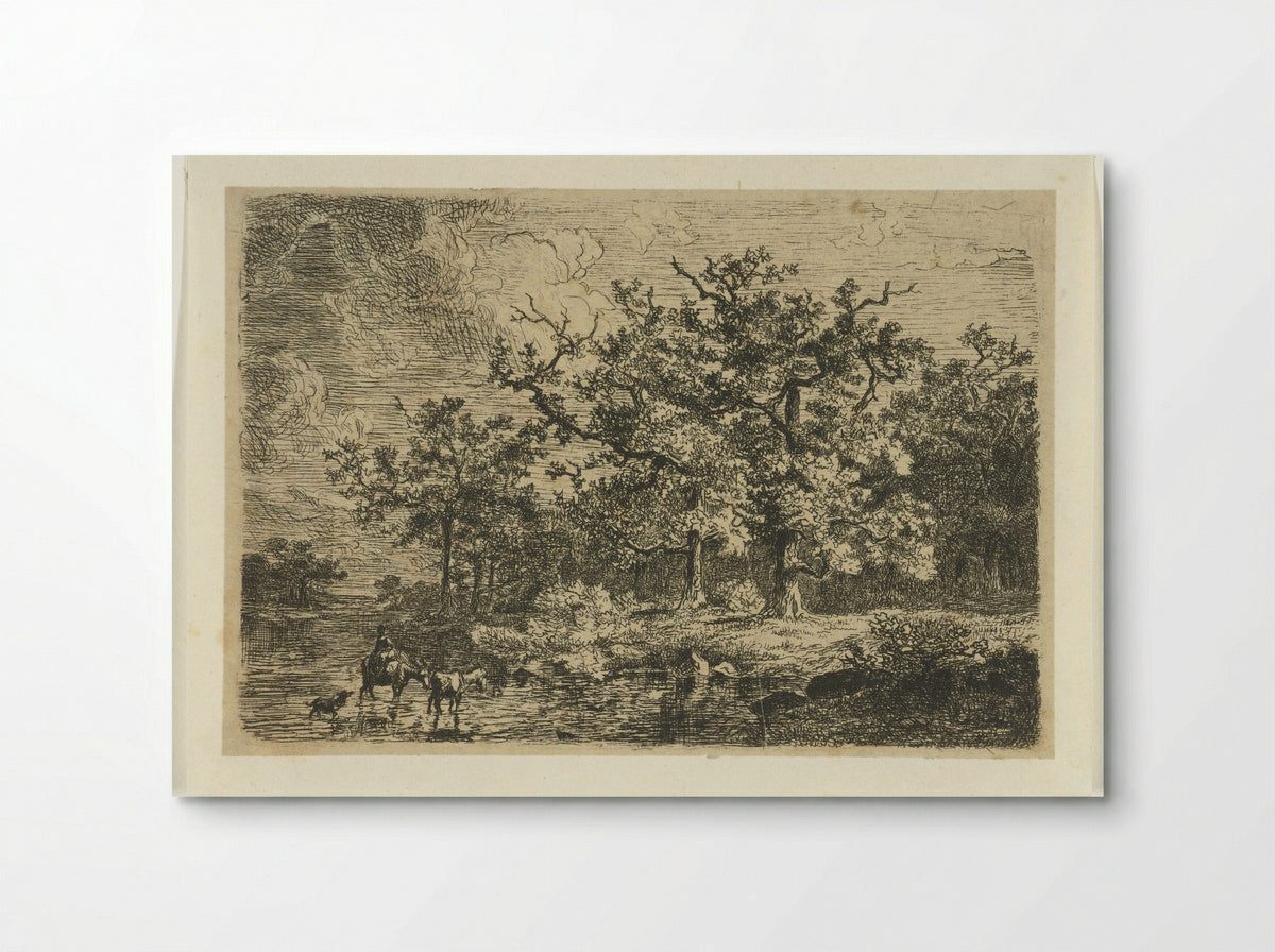 Landschap met bomen en vrouw op ezel in ondiep water - Willem Jan van den Berghe - Poster