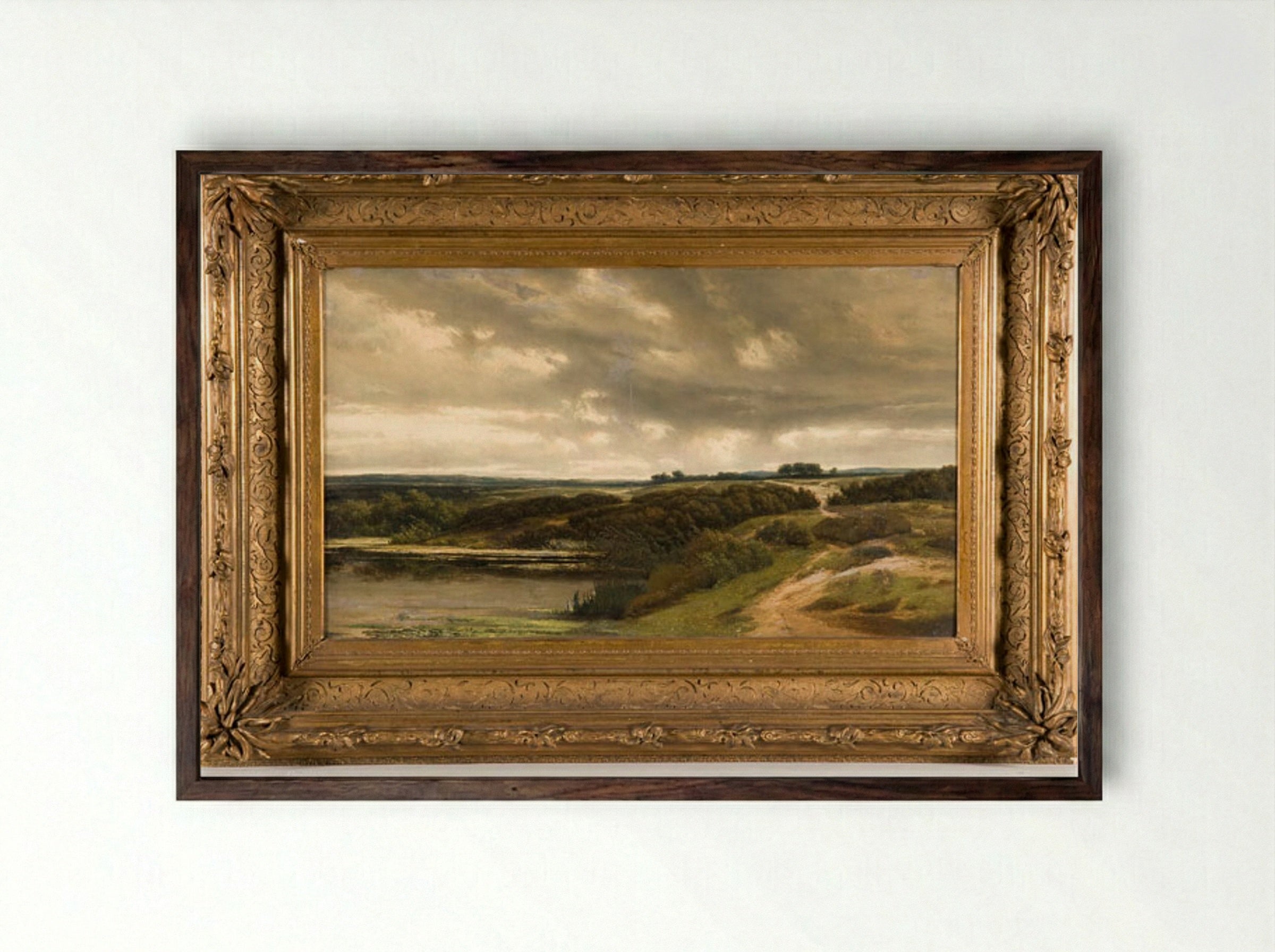 Landschap met bomen langs een waterkant - Johannes Gijsbert Vogel - Framed Print Dark Wood