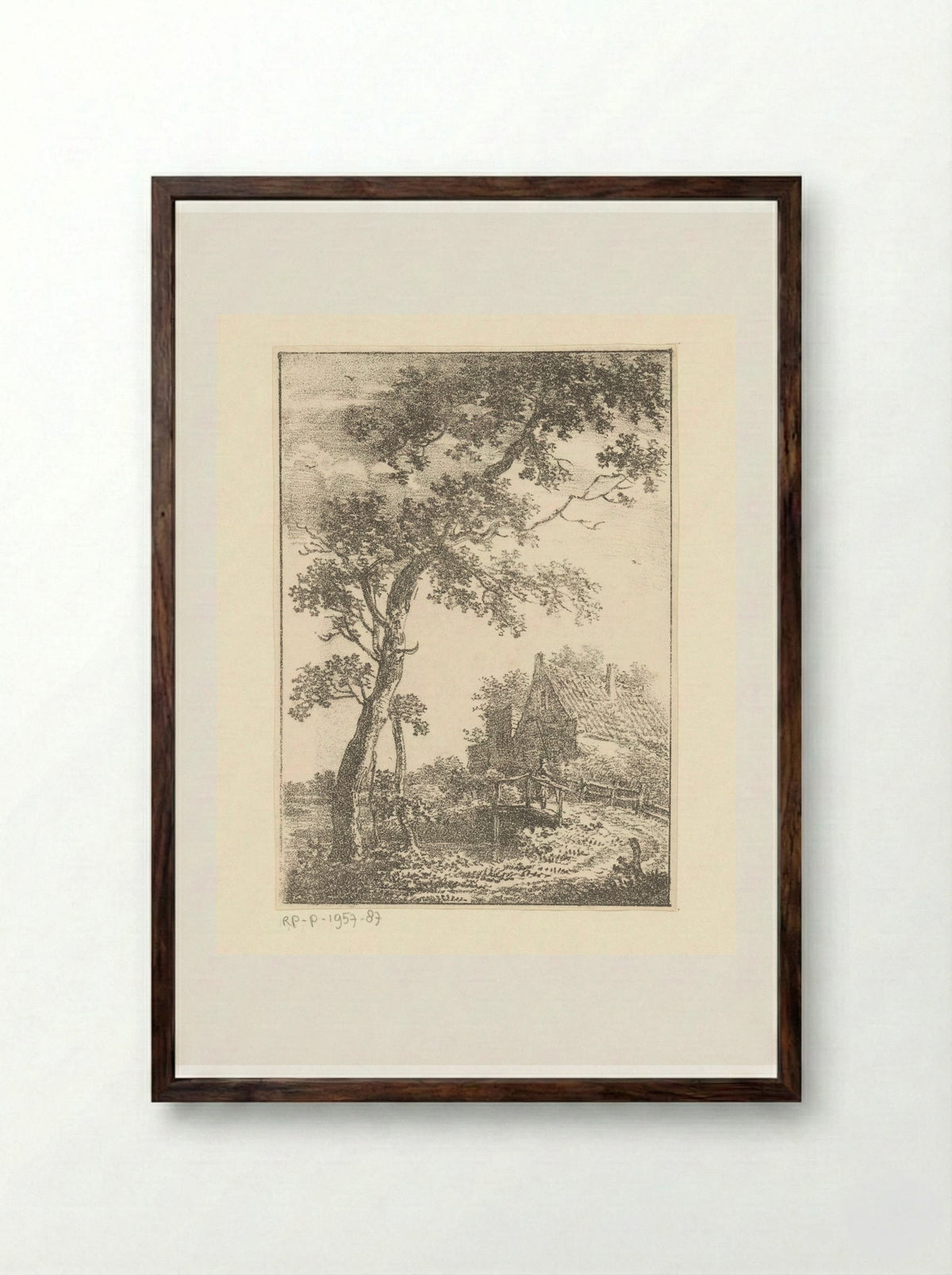 Landschap met boom, brug en huis - Pieter Bartholomeusz. Barbiers - Framed Print Dark Wood
