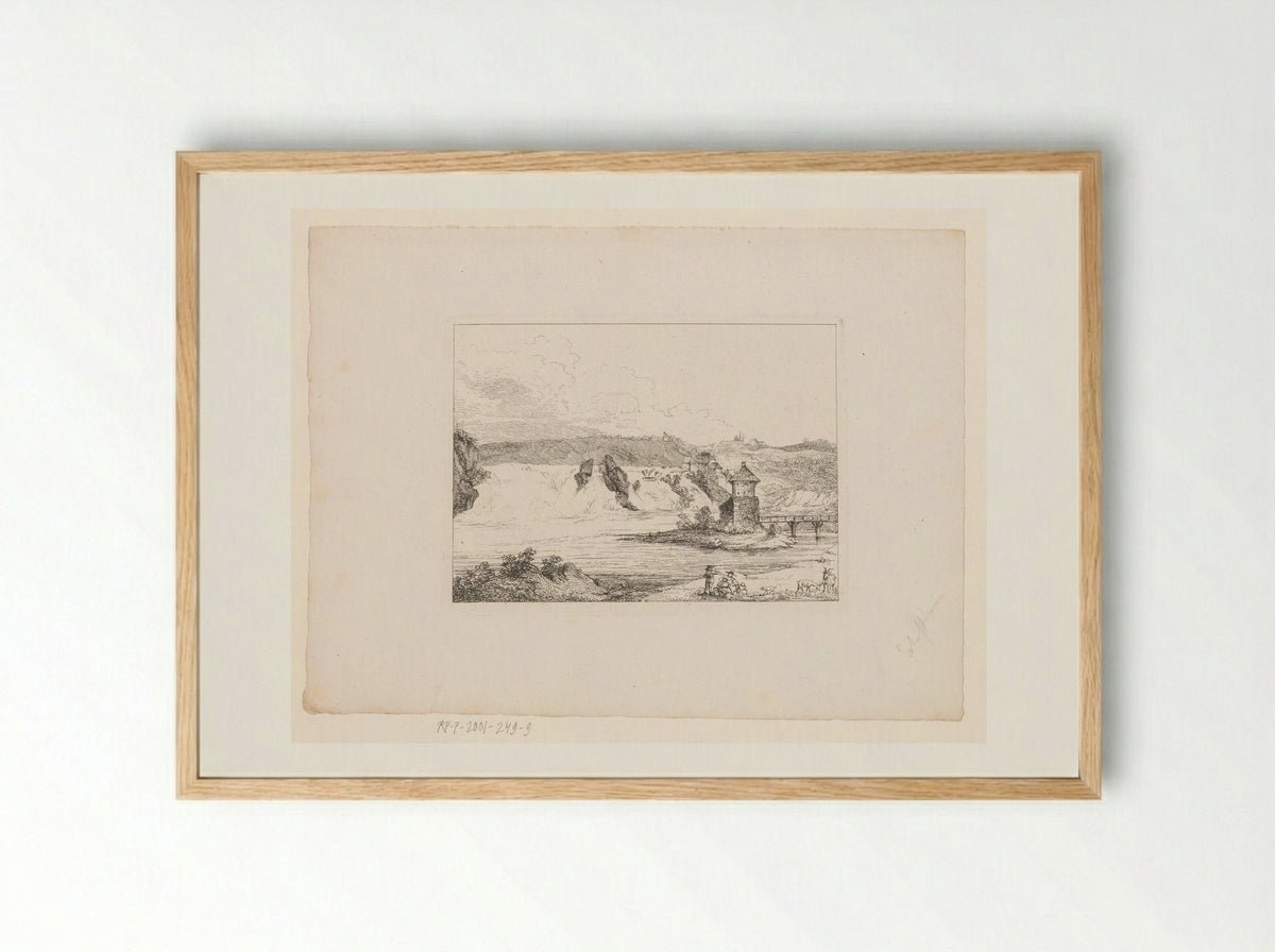 Landschap met brede waterval bij een toren - Marie Anna Fischer - Framed Print Wood