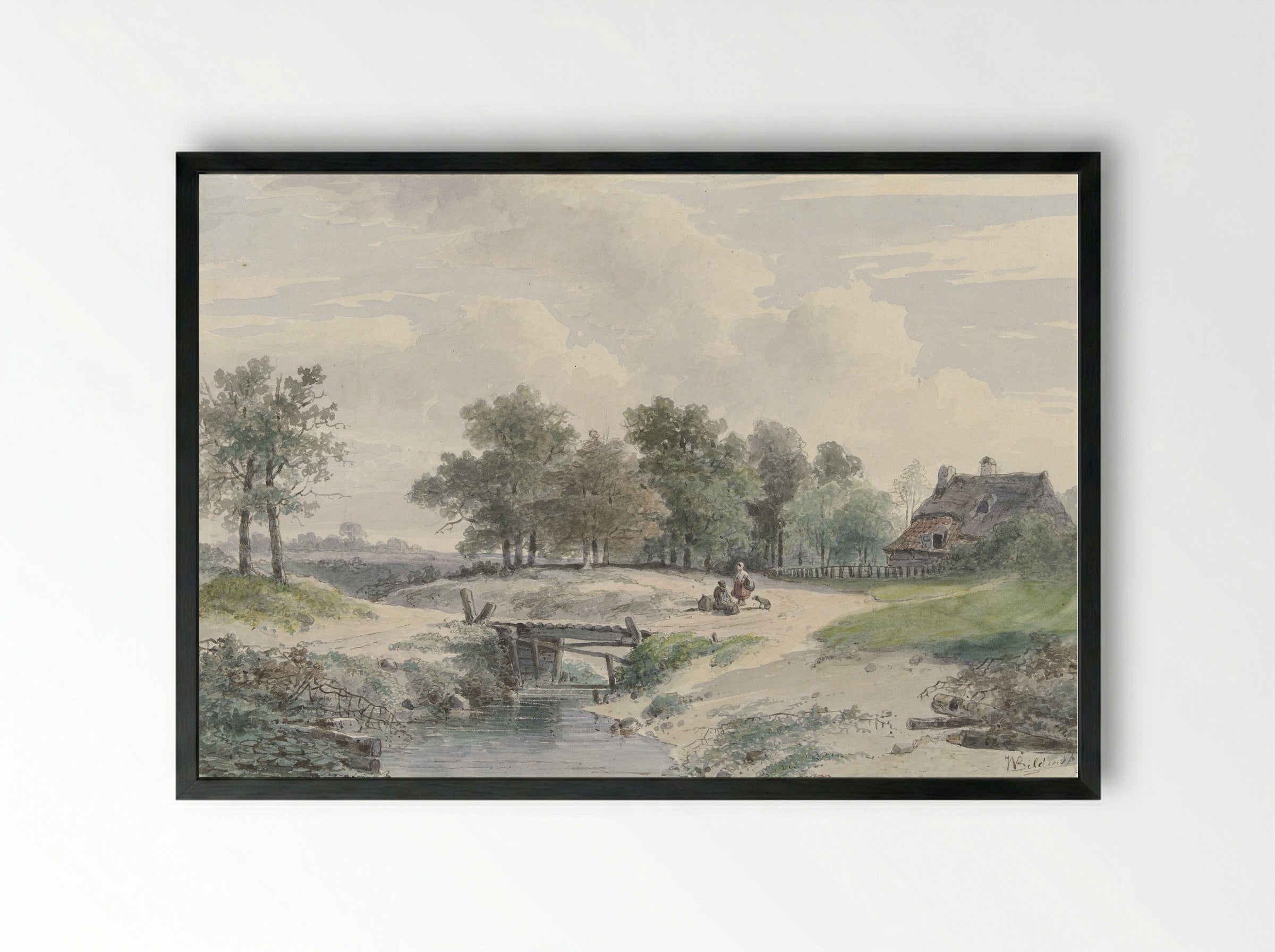 Landschap met bruggetje en figuren voor een boerderij - Johannes Warnardus Bilders - Framed Print Black
