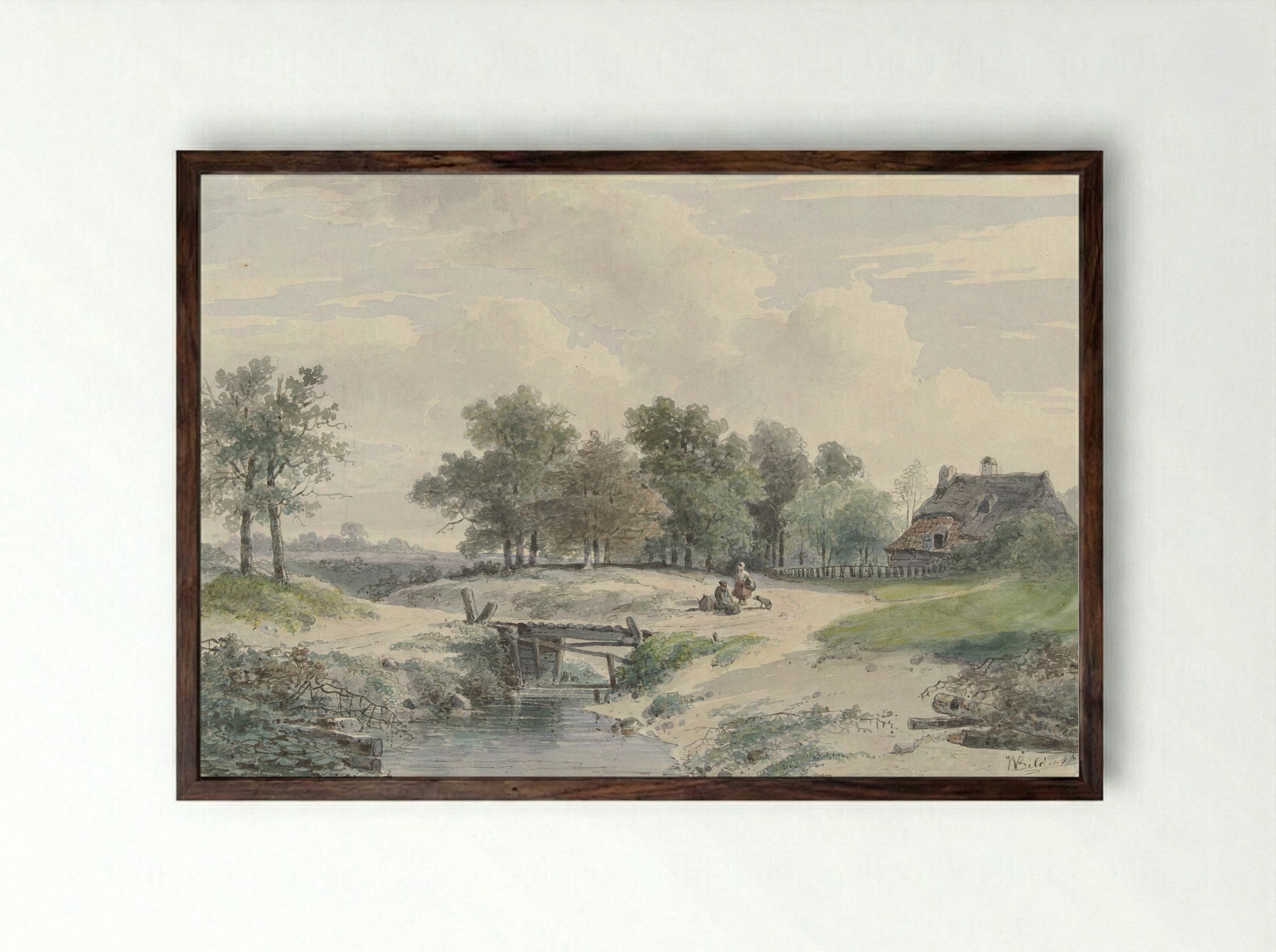 Landschap met bruggetje en figuren voor een boerderij - Johannes Warnardus Bilders - Framed Print Dark Wood