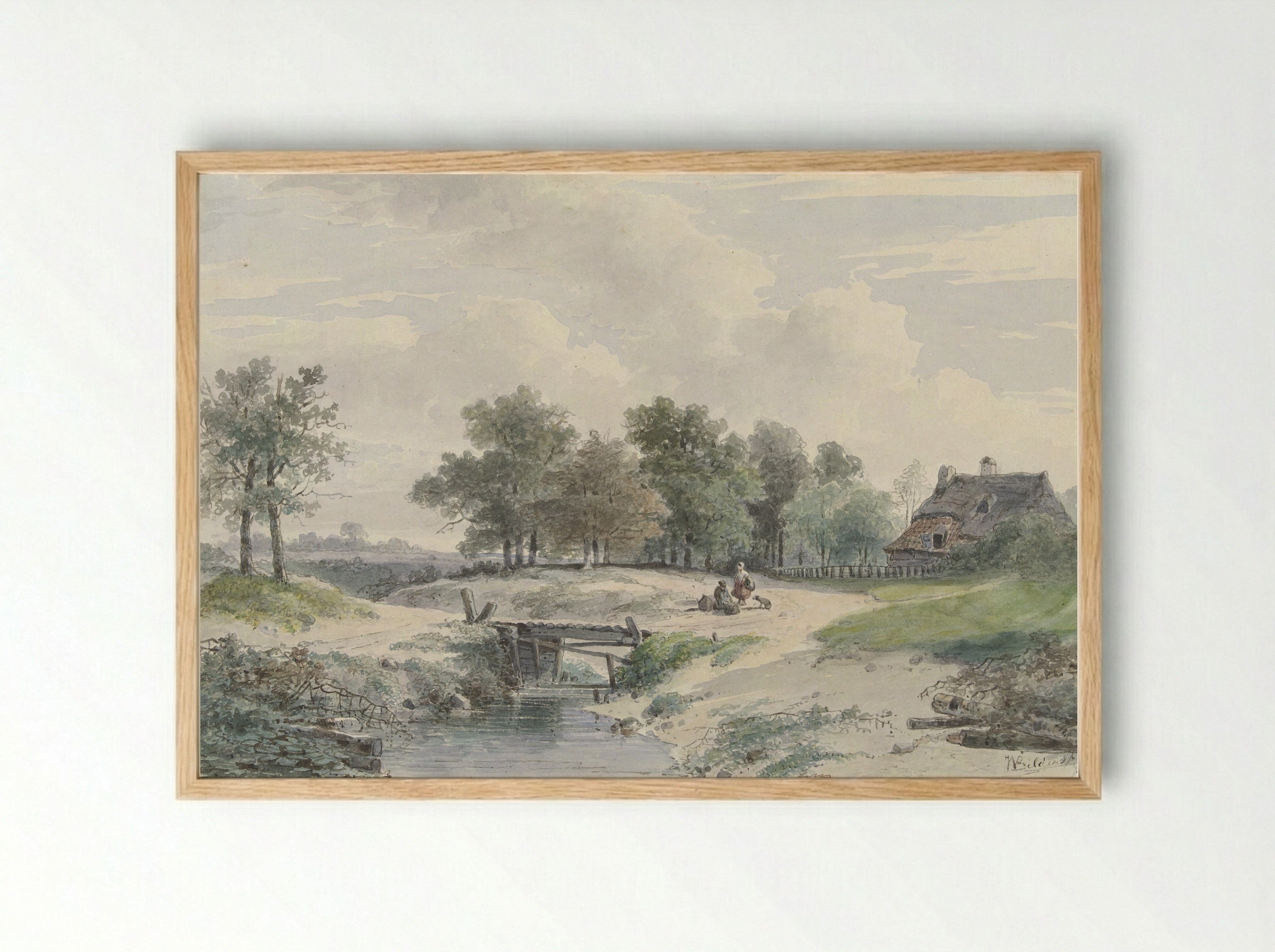 Landschap met bruggetje en figuren voor een boerderij - Johannes Warnardus Bilders - Framed Print Wood