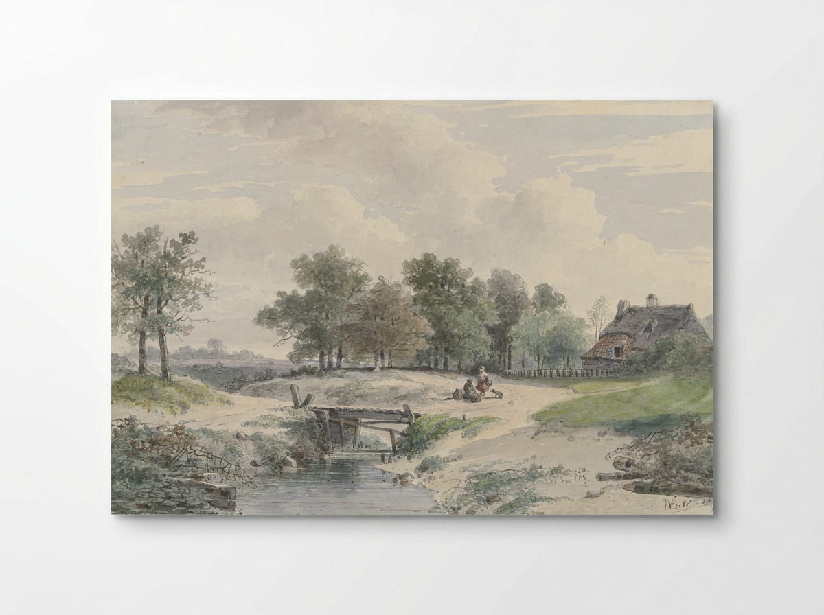 Landschap met bruggetje en figuren voor een boerderij - Johannes Warnardus Bilders - Poster