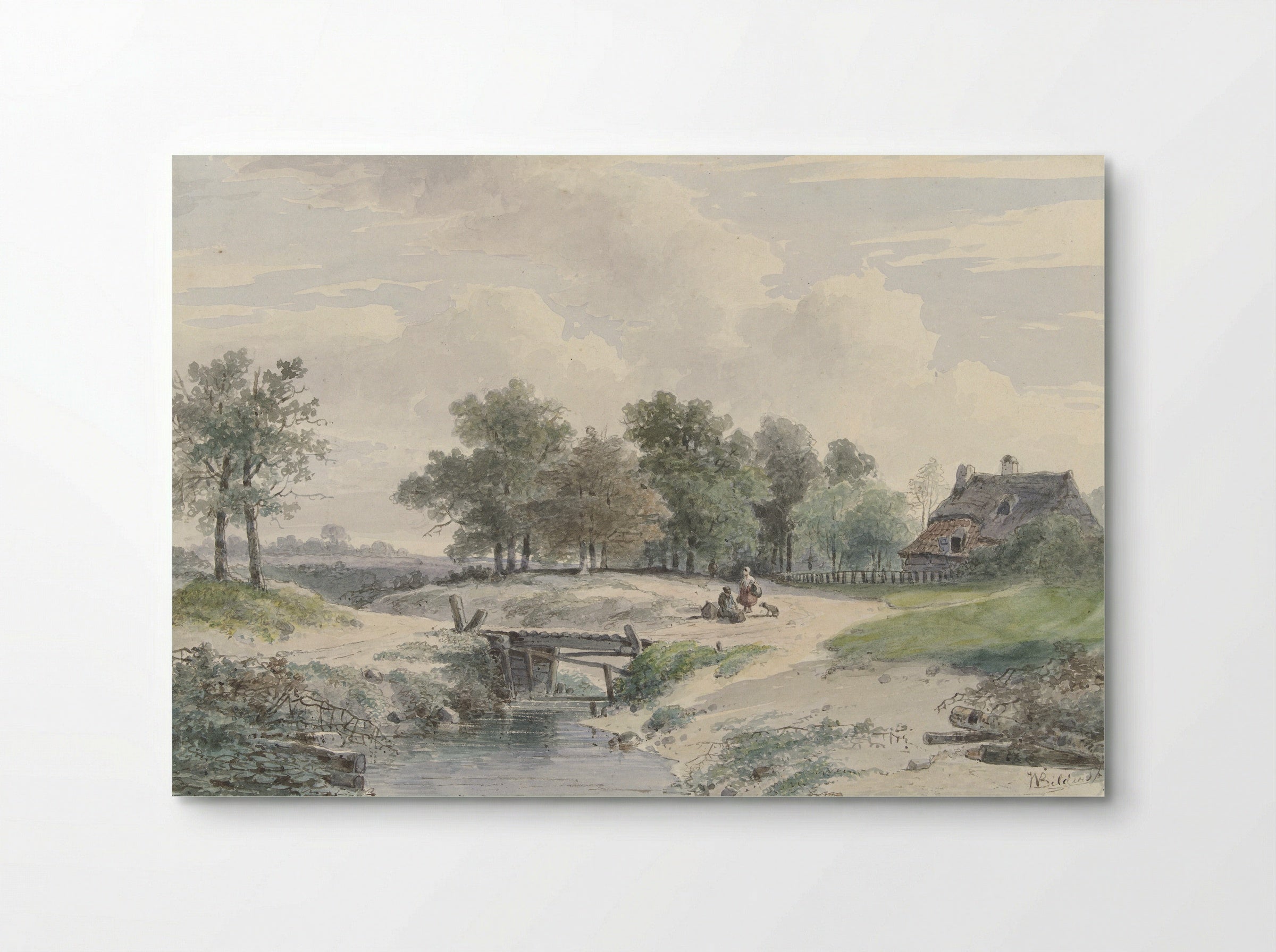 Landschap met bruggetje en figuren voor een boerderij - Johannes Warnardus Bilders - Poster