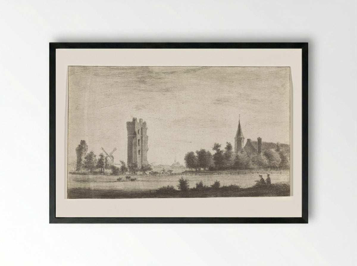 Landschap met de ruïne Huis ter Kleef en twee tekenaars - Hendrik Spilman - Framed Print Black