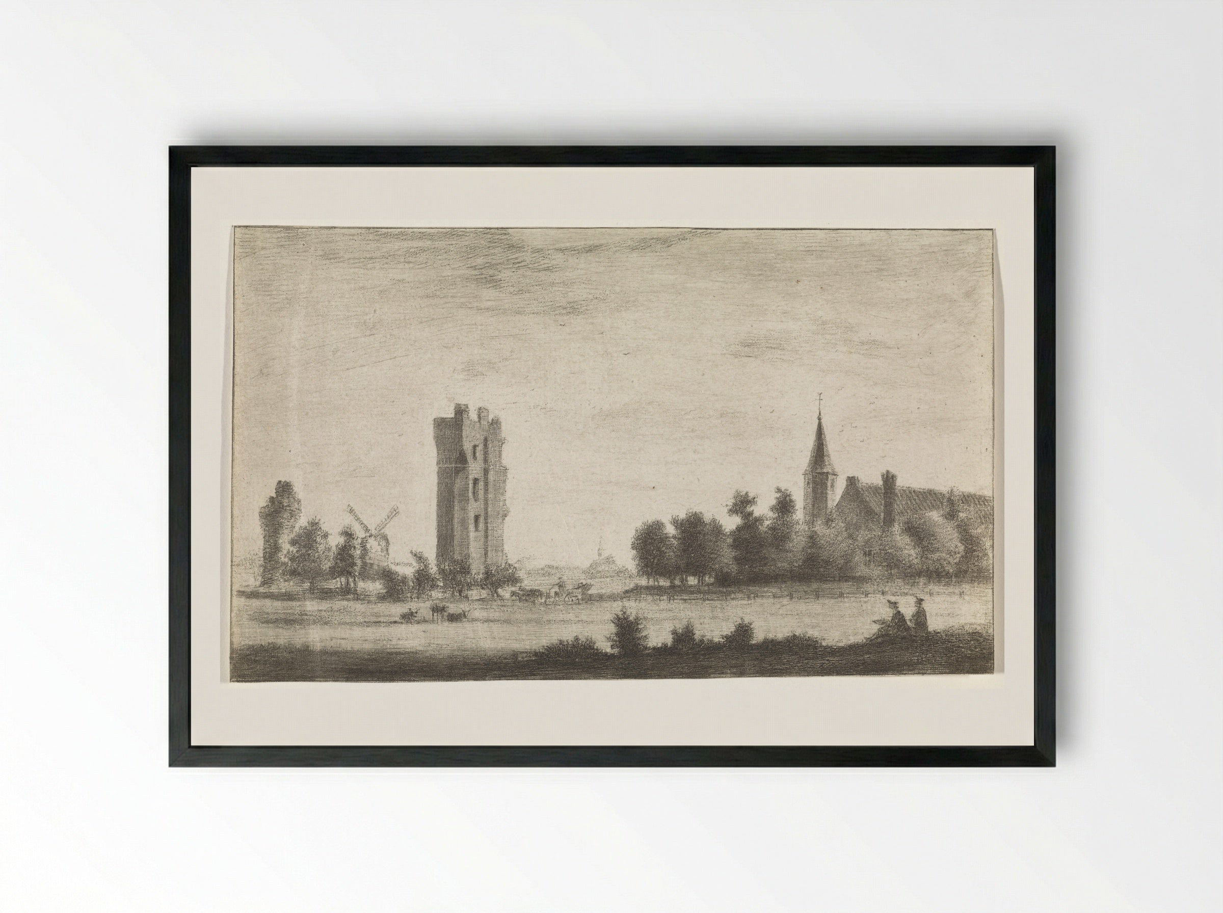 Landschap met de ruïne Huis ter Kleef en twee tekenaars - Hendrik Spilman - Framed Print Black