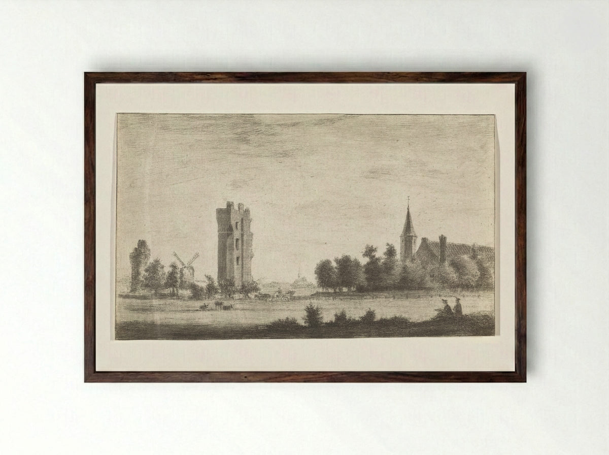 Landschap met de ruïne Huis ter Kleef en twee tekenaars - Hendrik Spilman - Framed Print Dark Wood