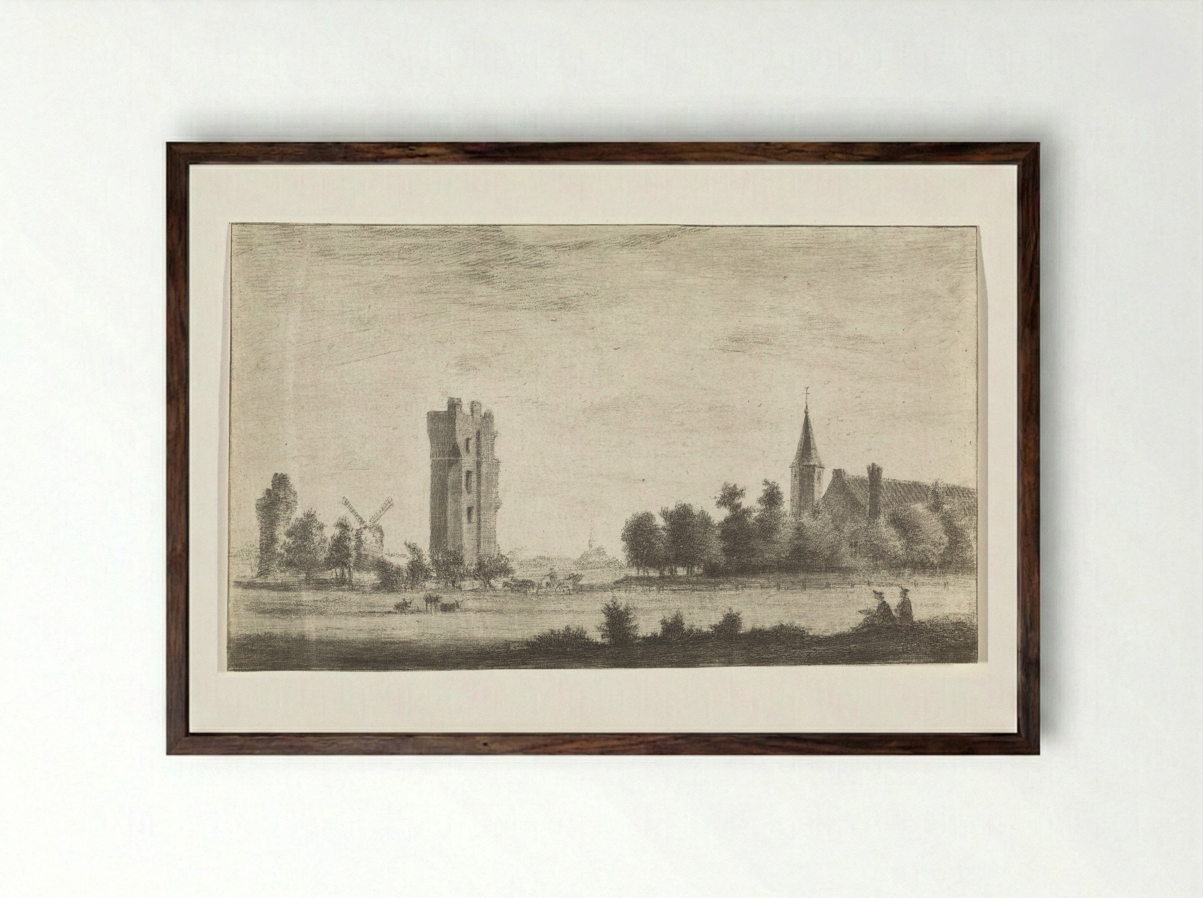 Landschap met de ruïne Huis ter Kleef en twee tekenaars - Hendrik Spilman - Framed Print Dark Wood