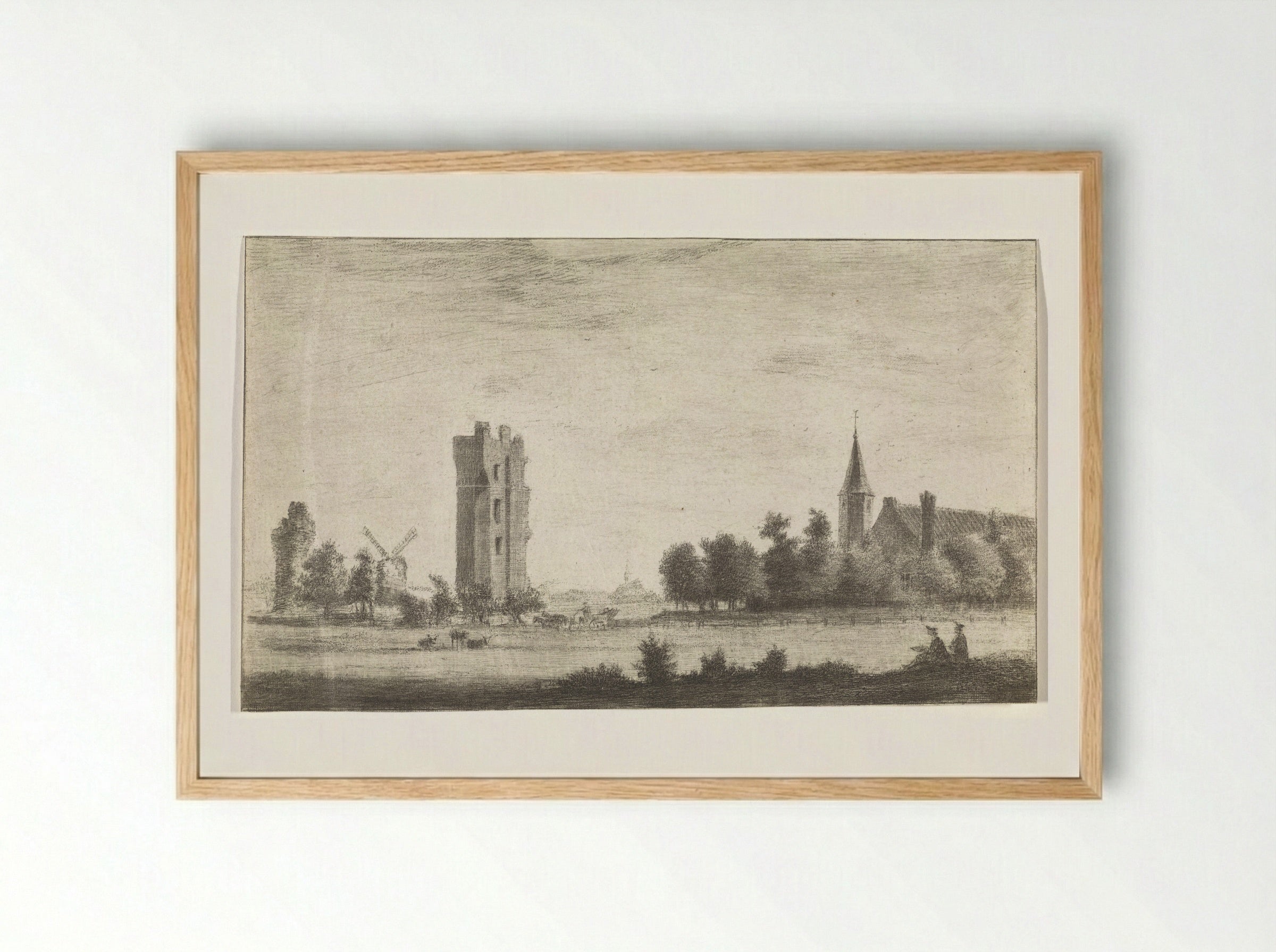 Landschap met de ruïne Huis ter Kleef en twee tekenaars - Hendrik Spilman - Framed Print Wood