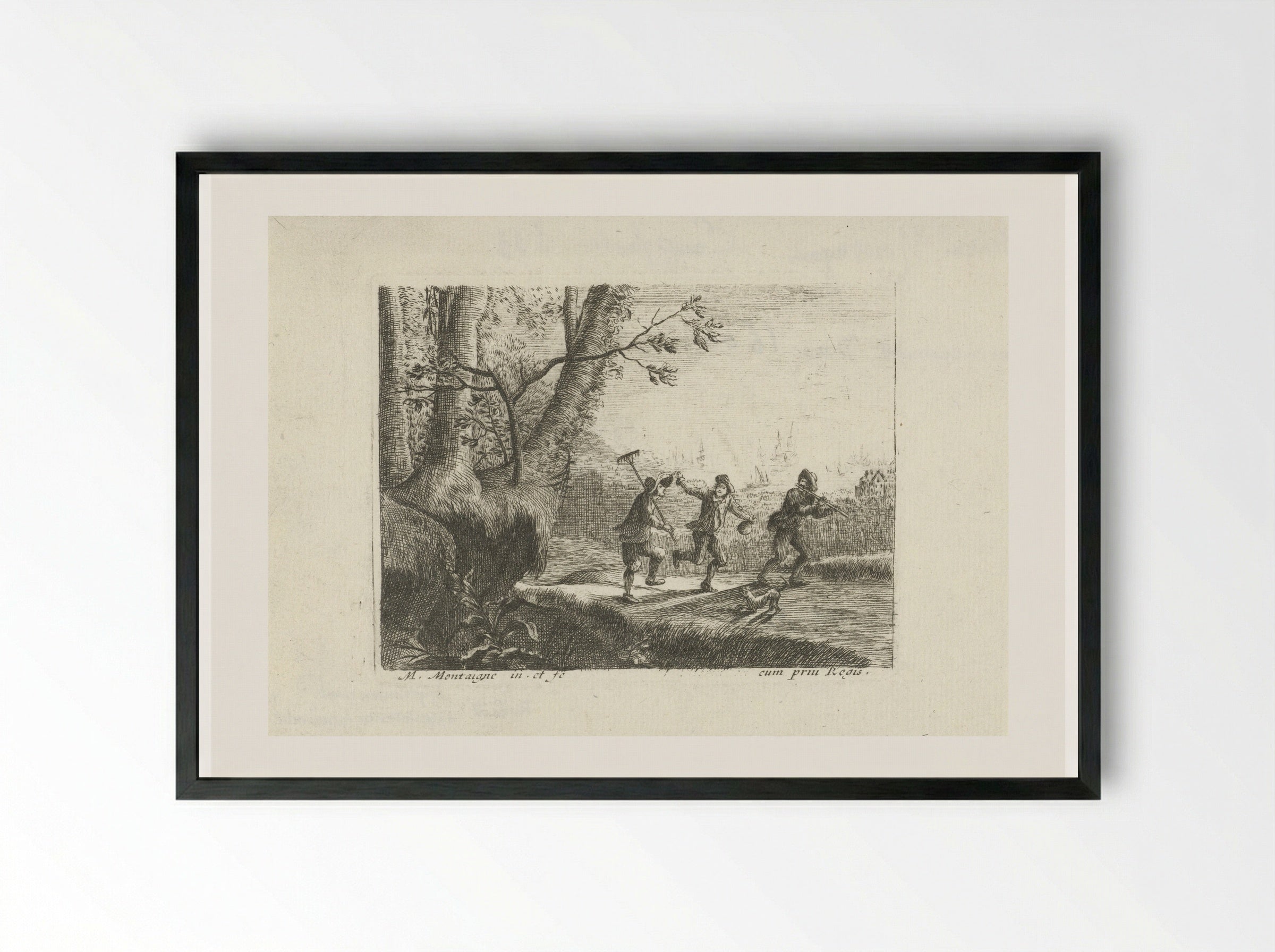 Landschap met drie dansende boeren - Jean Morin - Framed Print Black