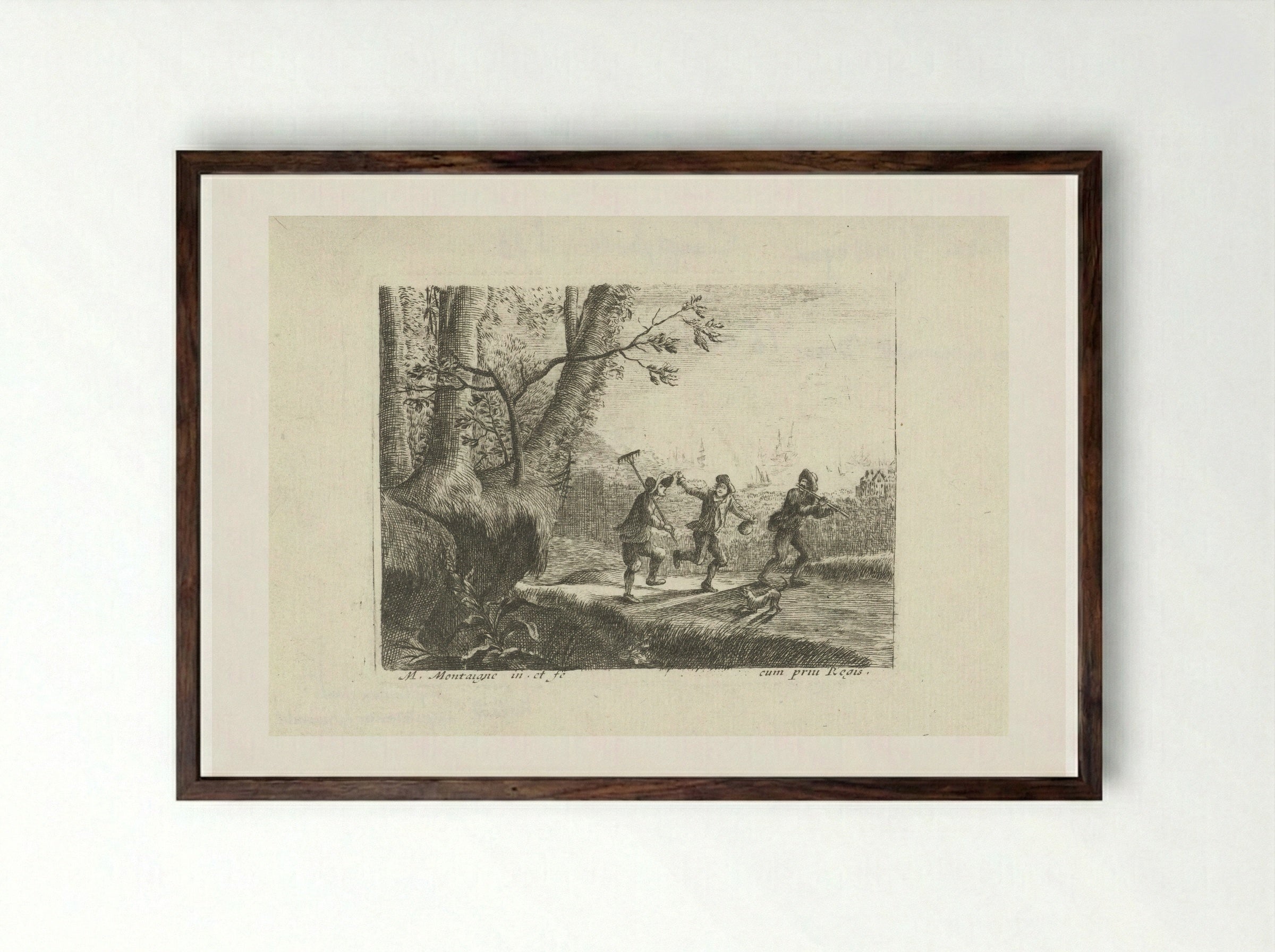 Landschap met drie dansende boeren - Jean Morin - Framed Print Dark Wood