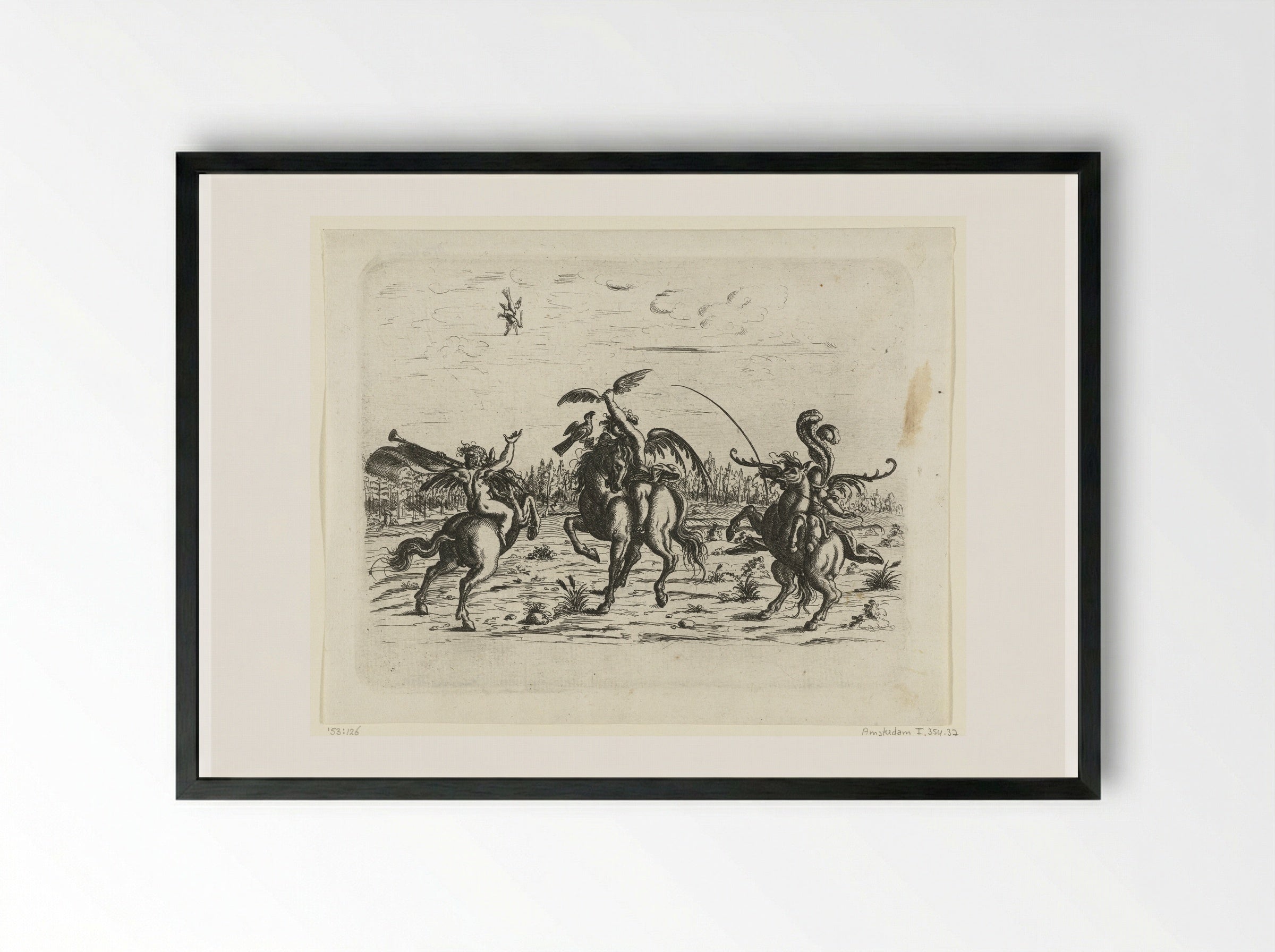 Landschap met drie putti te paard - Christoph Jamnitzer - Framed Print Black