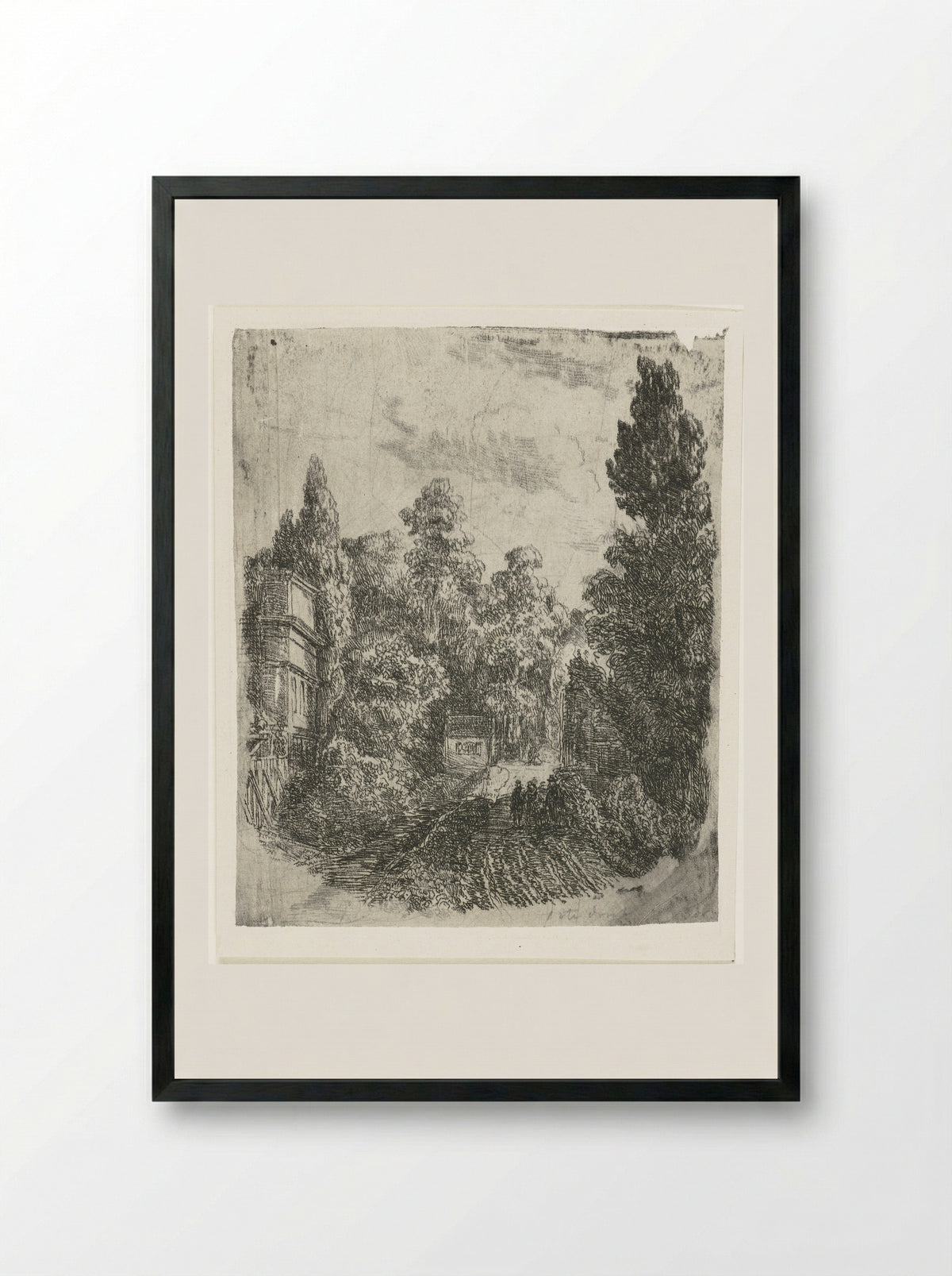 Landschap met drie wandelaars op een weg - Johannes Adrianus van der Drift - Framed Print Black
