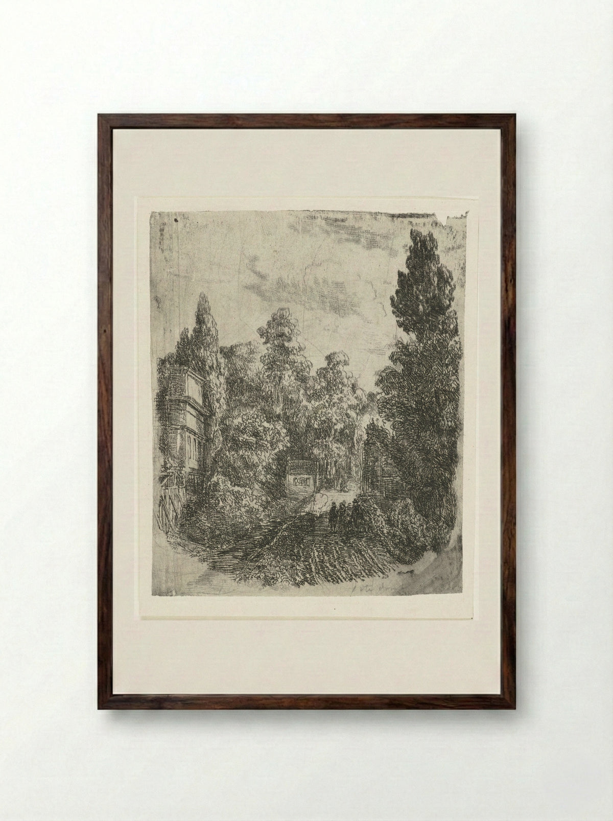 Landschap met drie wandelaars op een weg - Johannes Adrianus van der Drift - Framed Print Dark Wood