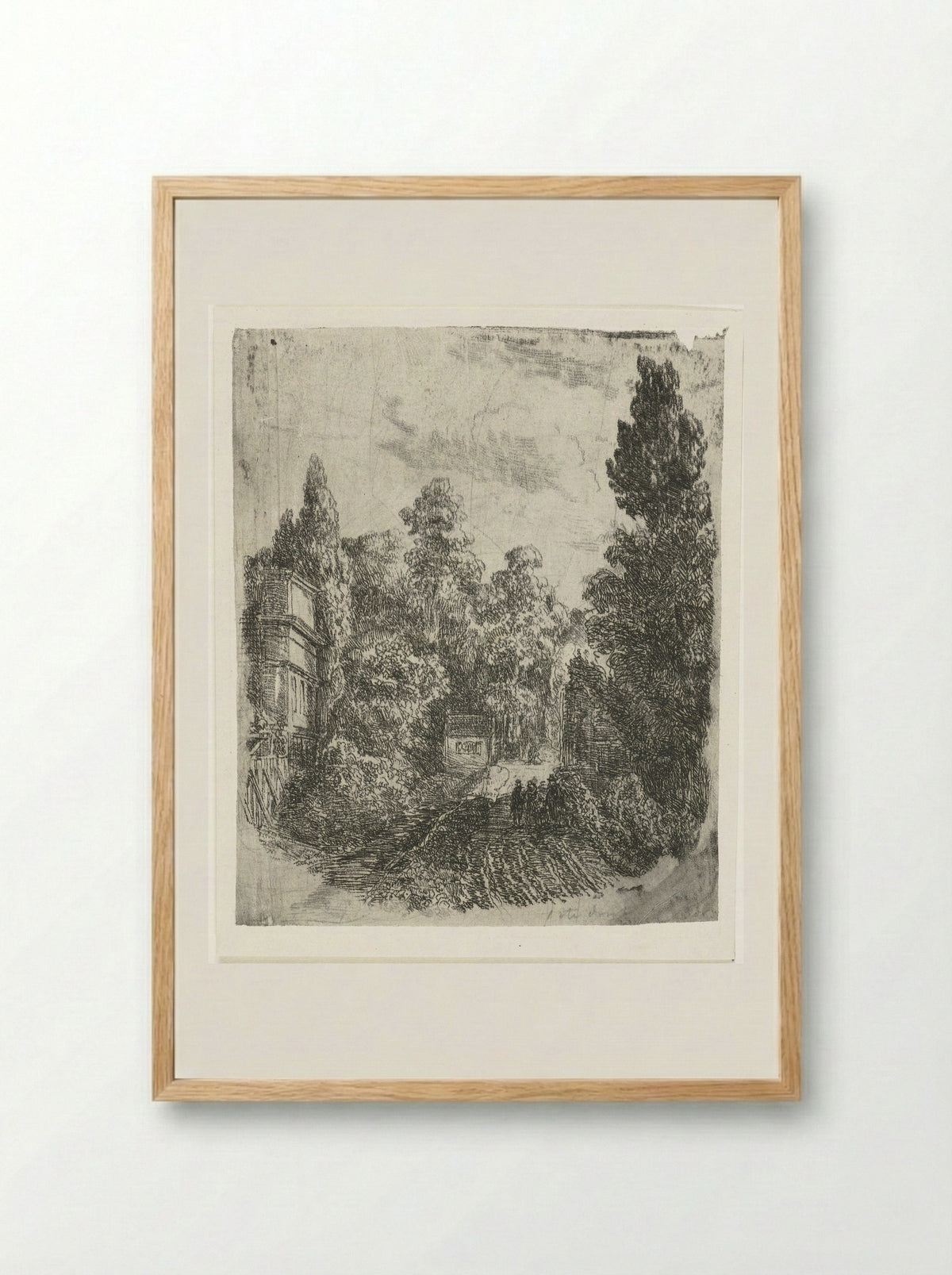 Landschap met drie wandelaars op een weg - Johannes Adrianus van der Drift - Framed Print Wood