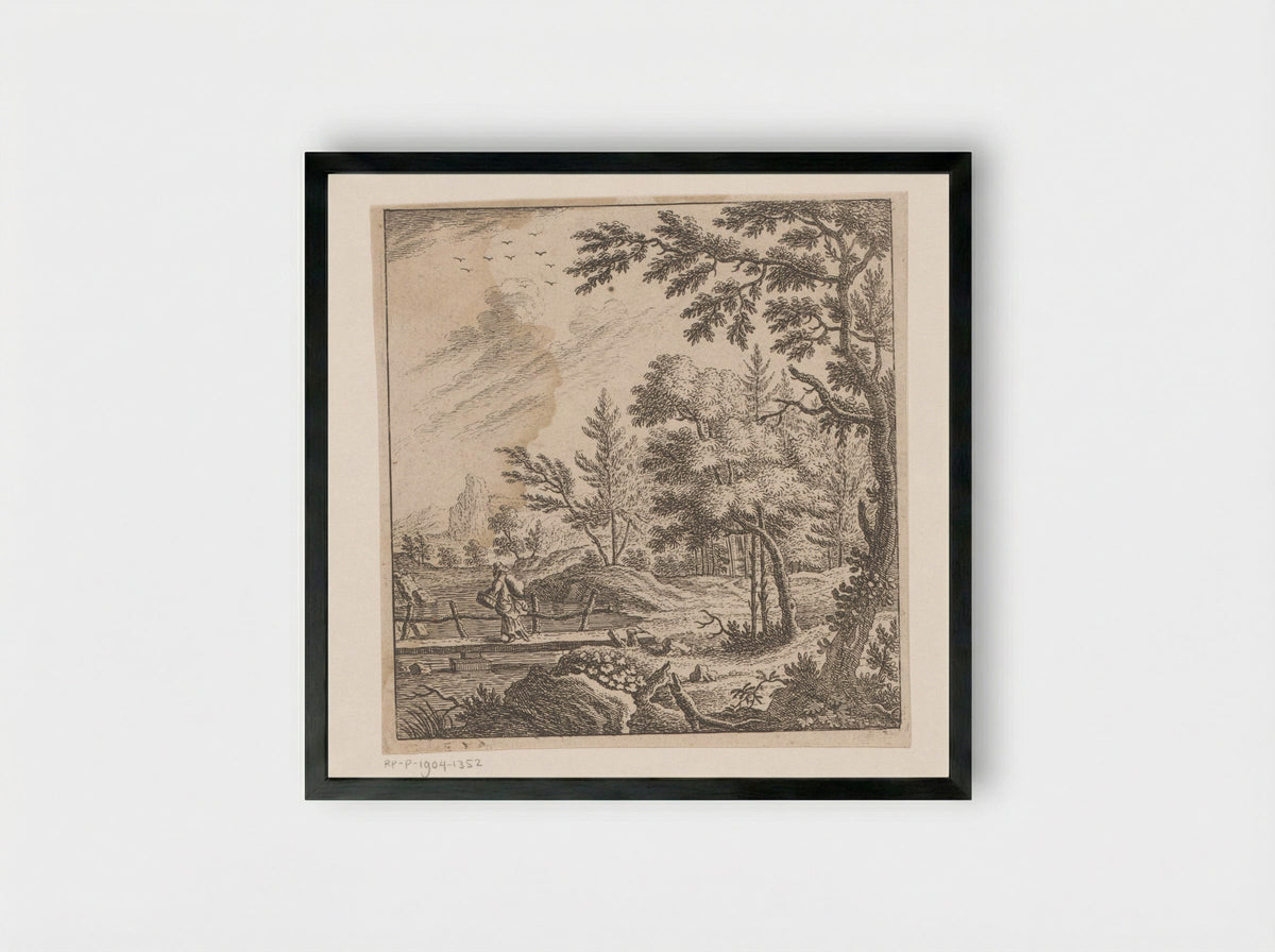 Landschap met een bepakte vrouw lopend over een brug - Johann Caspar Ulinger - Framed Print Black