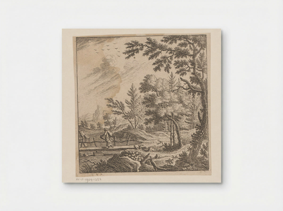 Landschap met een bepakte vrouw lopend over een brug - Johann Caspar Ulinger - Poster