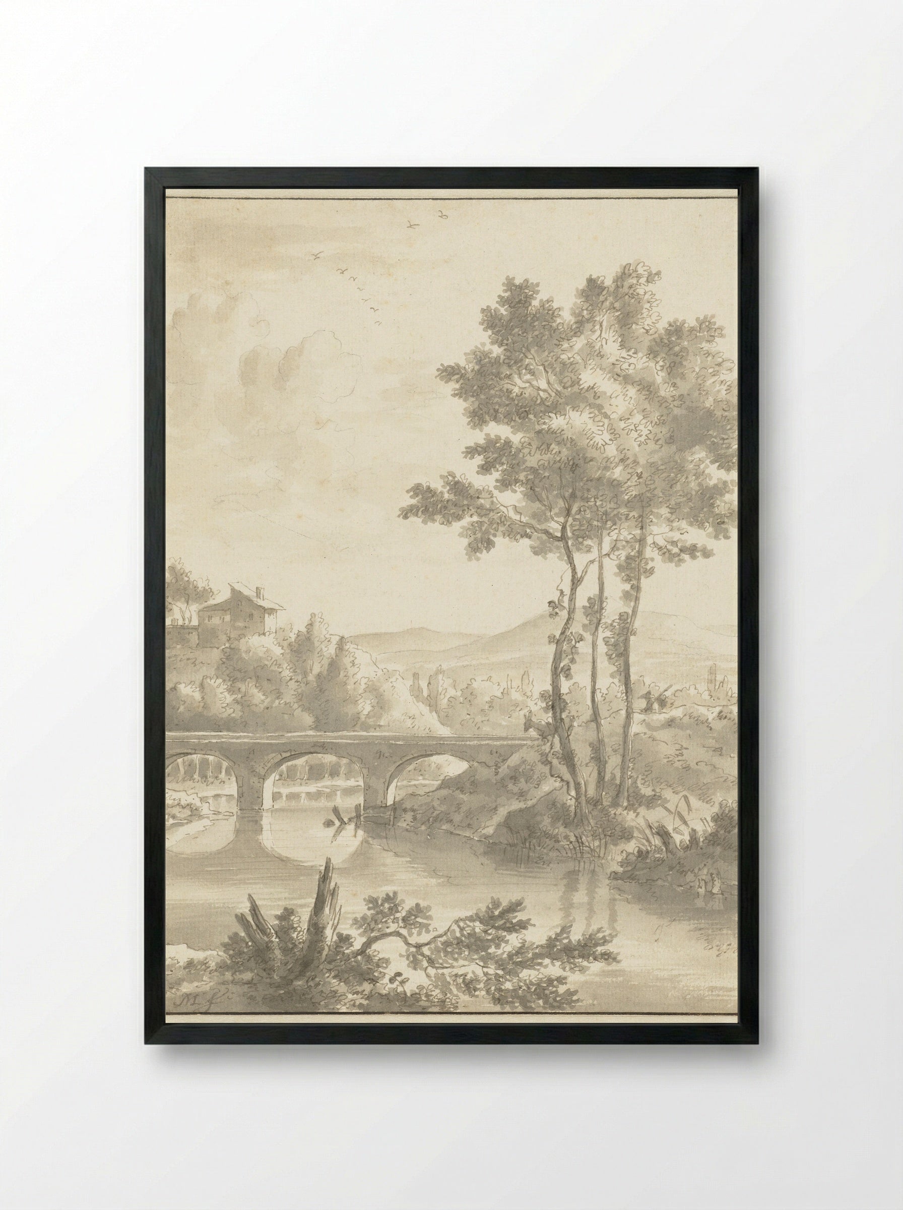 Landschap met een brug met drie bogen - Frederik de Moucheron - Framed Print Black