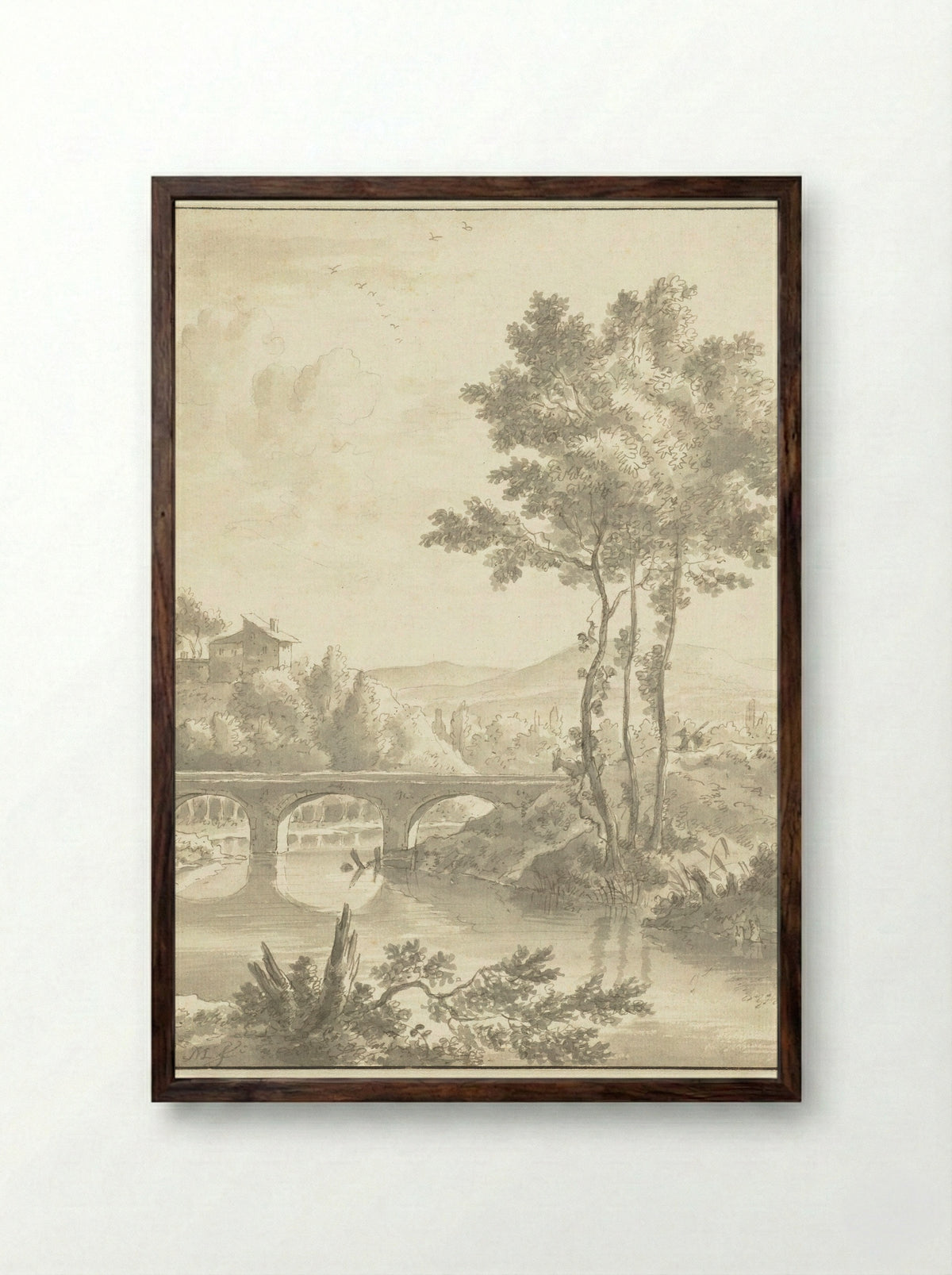 Landschap met een brug met drie bogen - Frederik de Moucheron - Framed Print Dark Wood