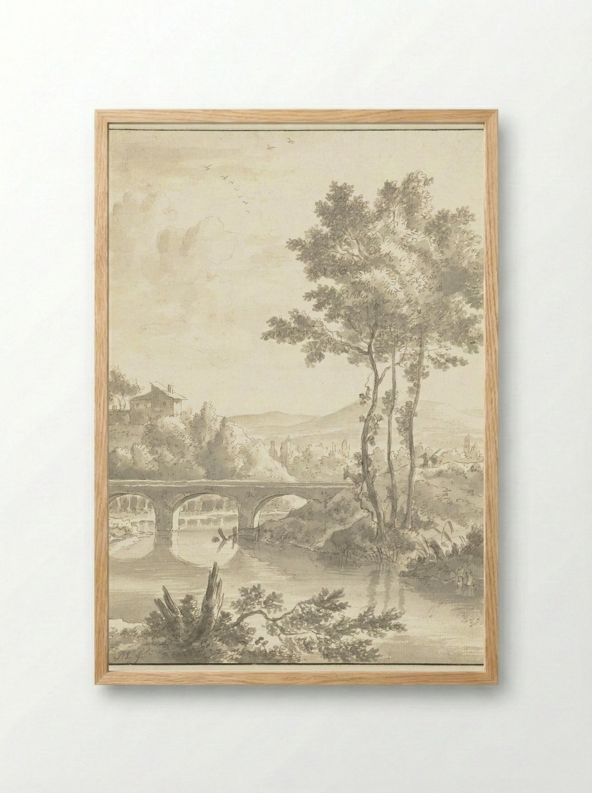 Landschap met een brug met drie bogen - Frederik de Moucheron - Framed Print Wood