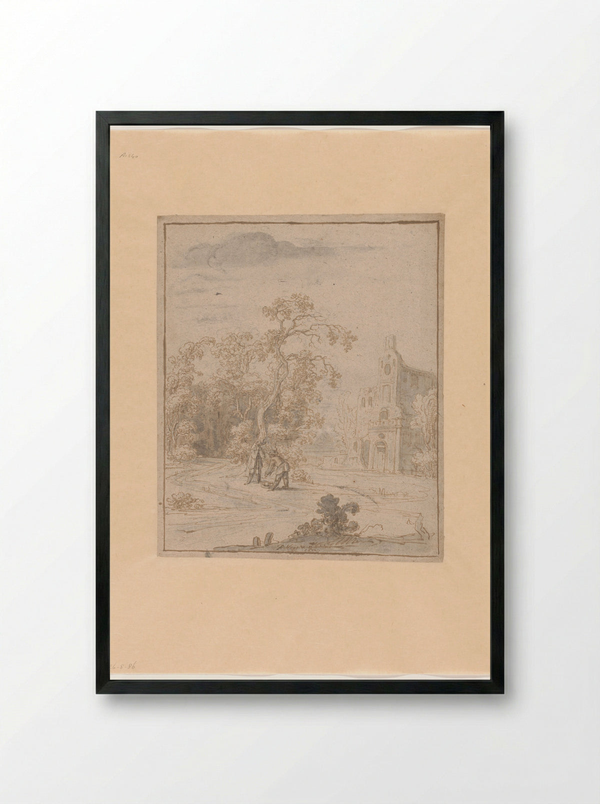 Landschap met een gebouw en twee mannen bij een mand - Philips Huygens - Framed Print Black