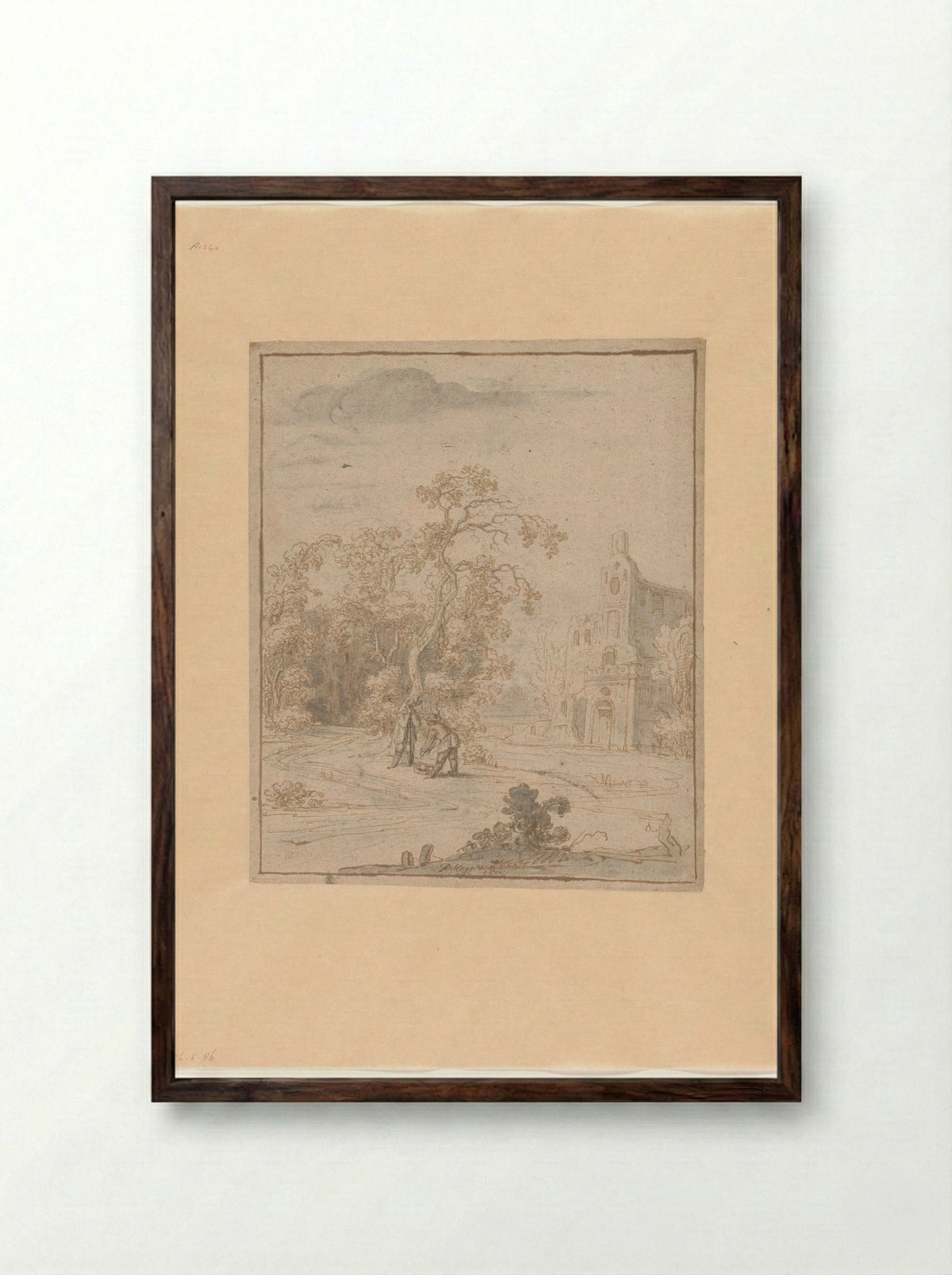 Landschap met een gebouw en twee mannen bij een mand - Philips Huygens - Framed Print Dark Wood
