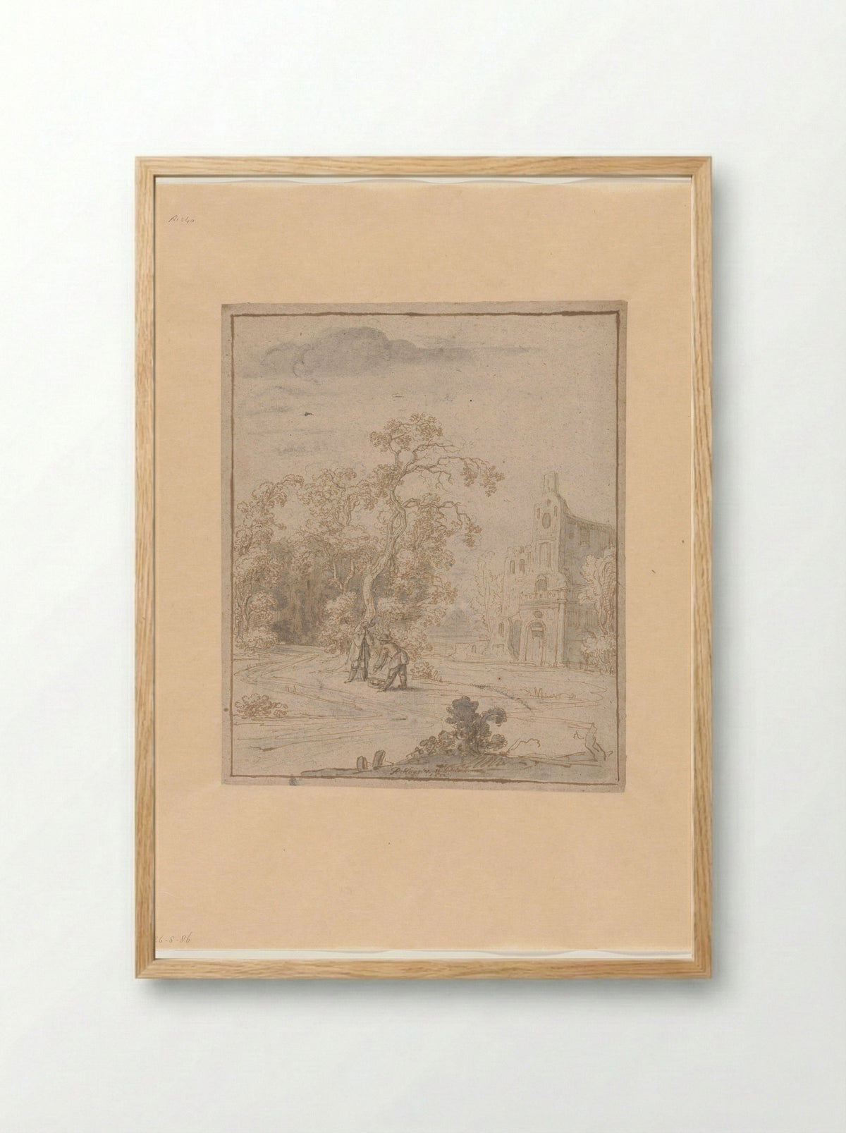 Landschap met een gebouw en twee mannen bij een mand - Philips Huygens - Framed Print Wood