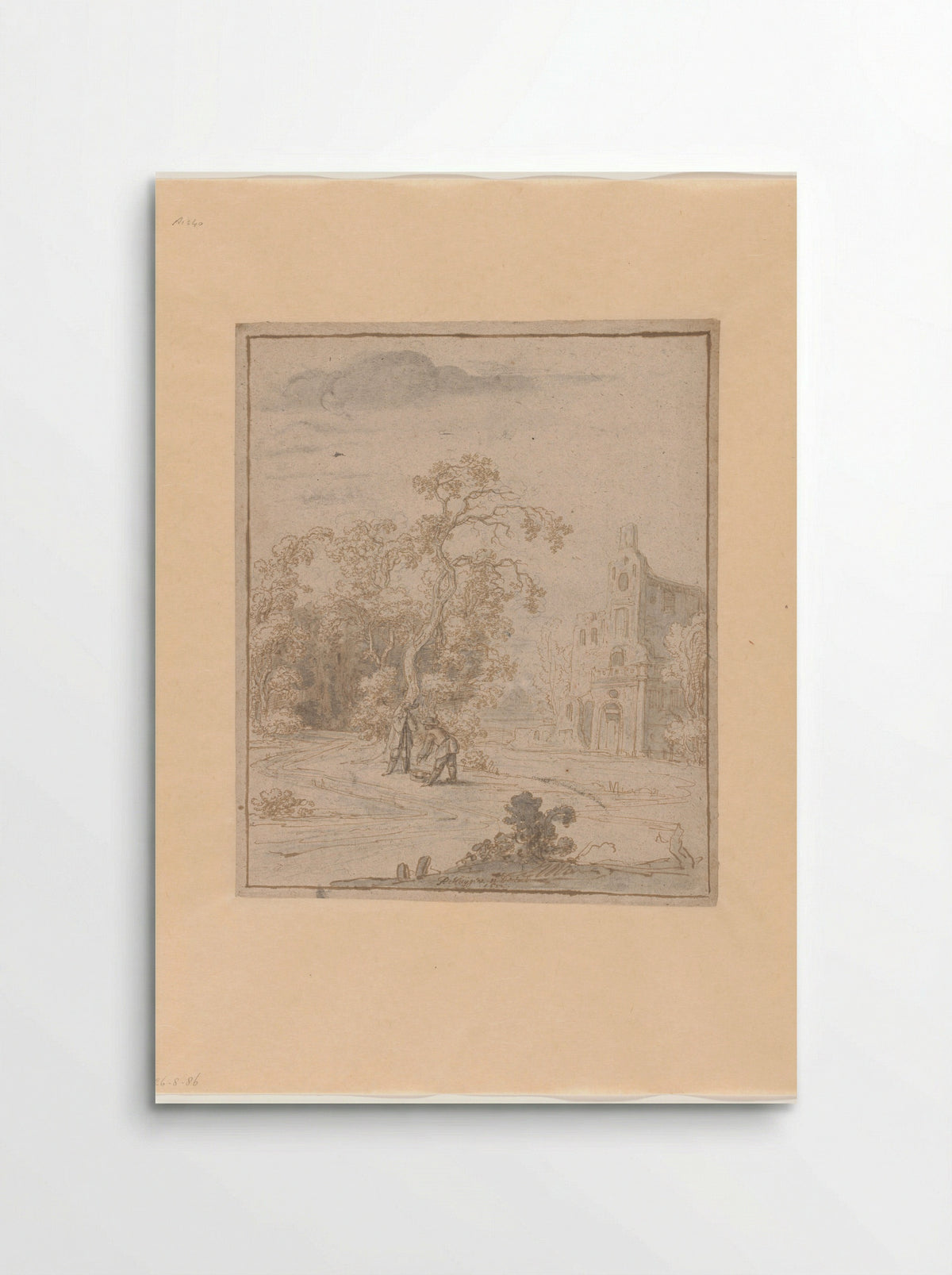 Landschap met een gebouw en twee mannen bij een mand - Philips Huygens - Poster