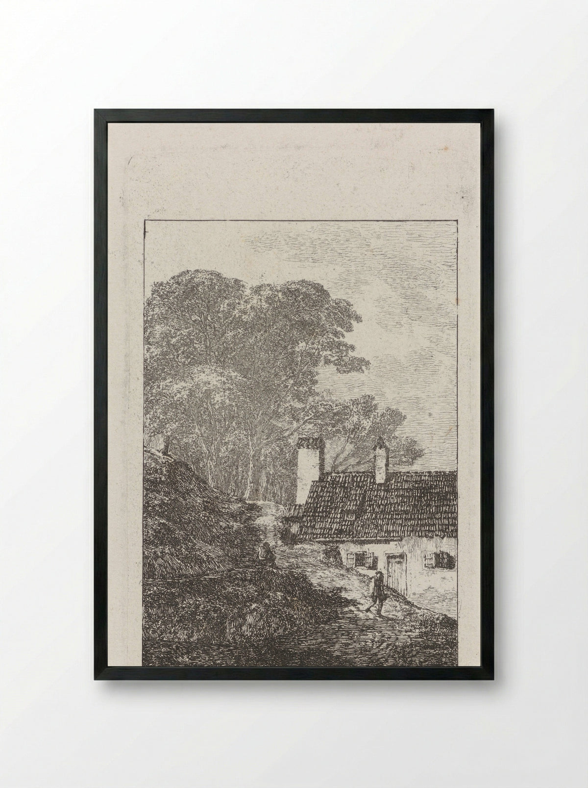 Landschap met een gotisch gebouw en voorstelling van een heuvellandschap met een huis - Johann Velten - Framed Print Black