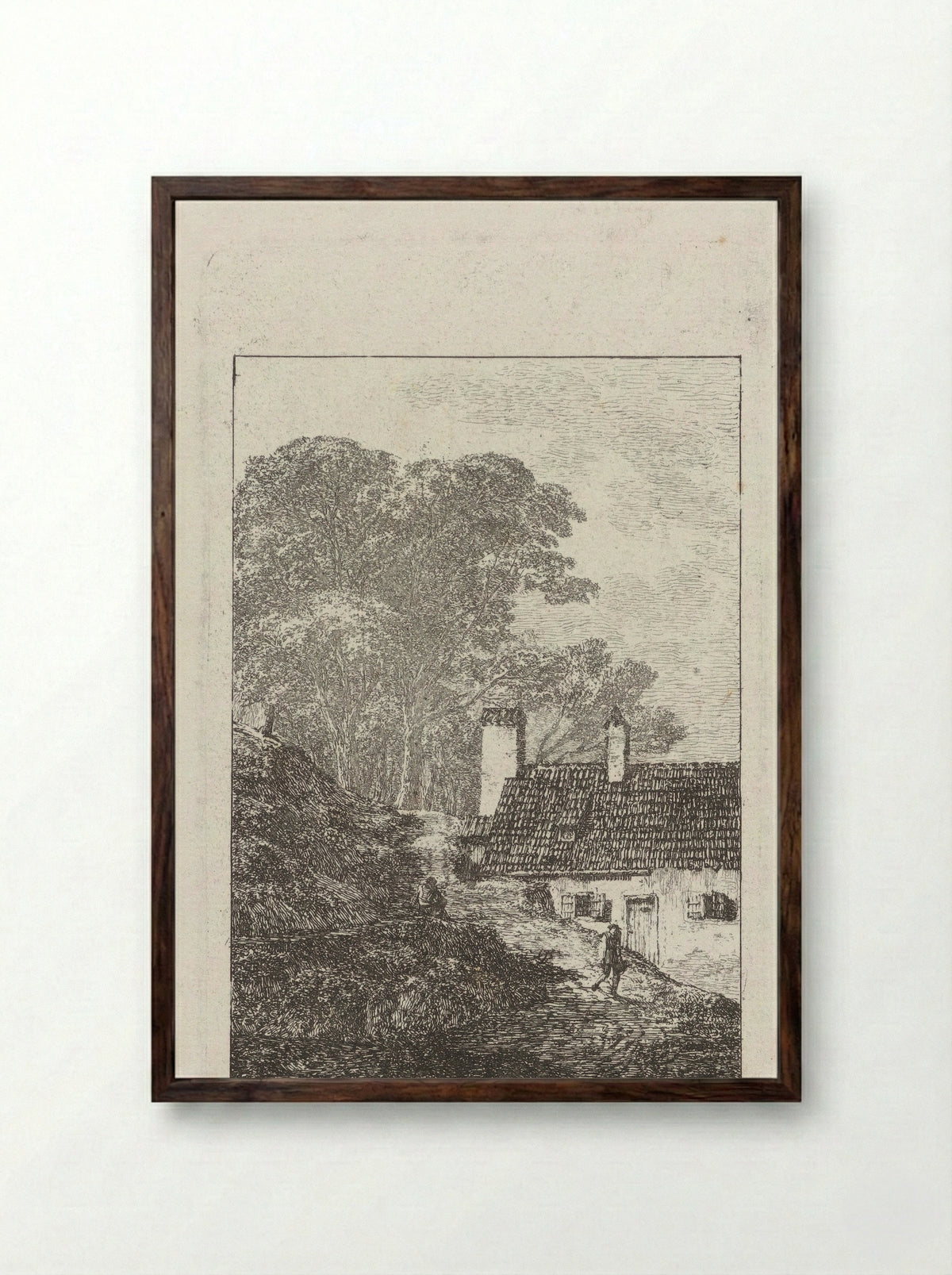 Landschap met een gotisch gebouw en voorstelling van een heuvellandschap met een huis - Johann Velten - Framed Print Dark Wood