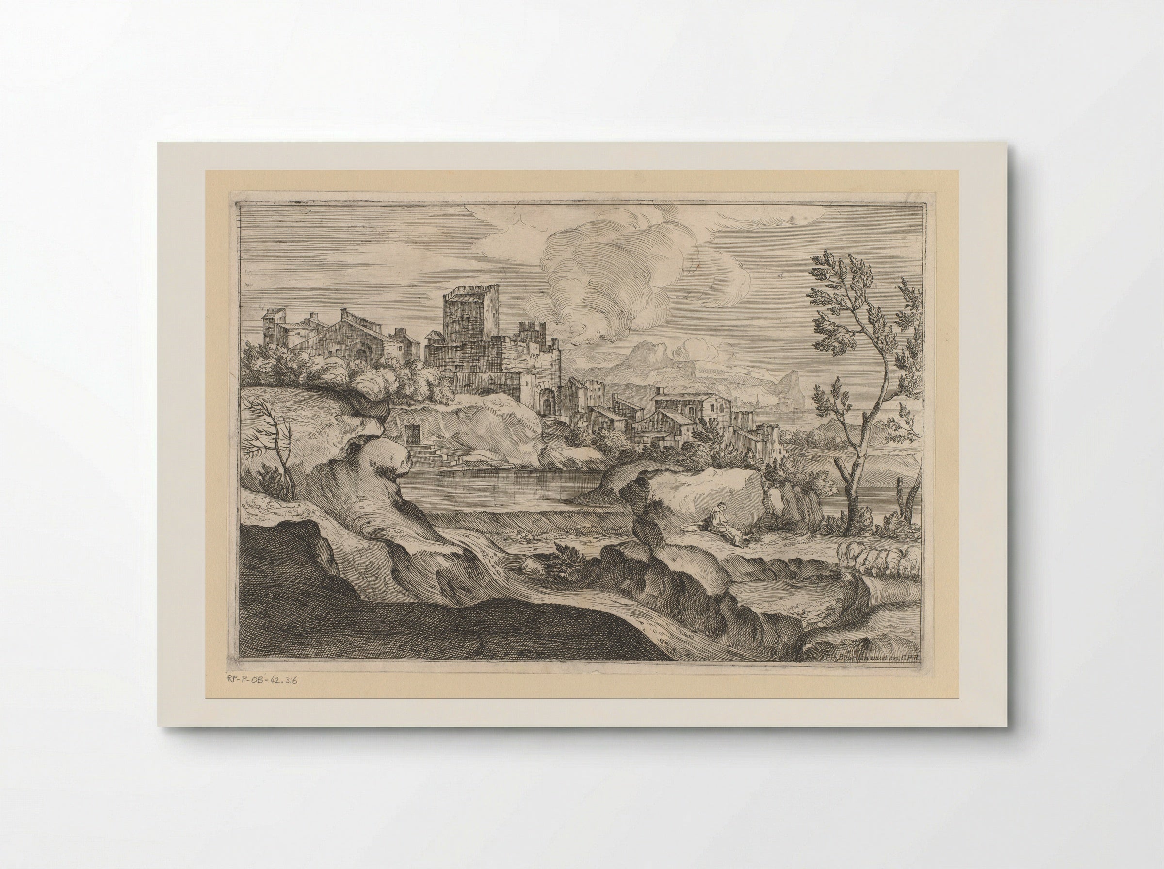 Landschap met een herder met kudde voor een stad - Sébastien Bourdon - Poster