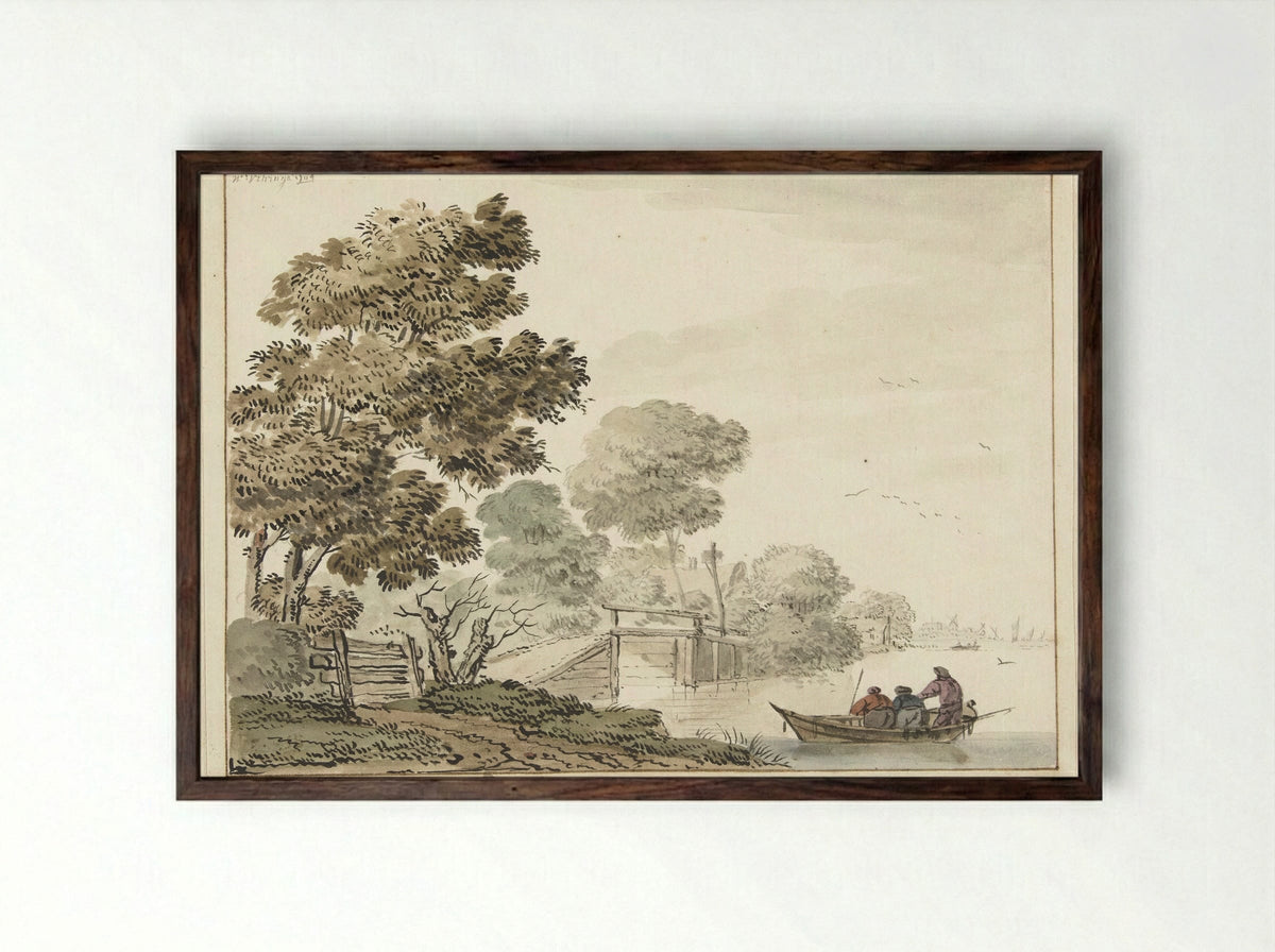 Landschap met een houten brug en bomen langs een vaart - Wigerus Vitringa - Framed Print Dark Wood