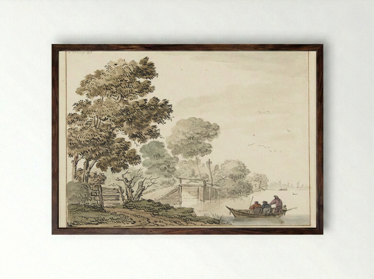 Landschap met een houten brug en bomen langs een vaart - Wigerus Vitringa - Framed Print Dark Wood