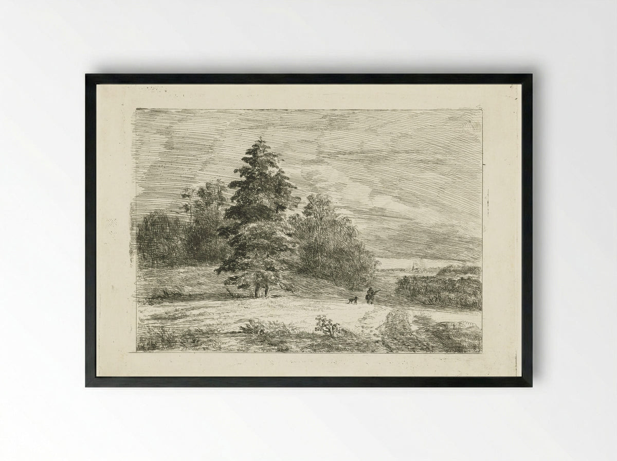 Landschap met een jager met hond - Johannes Adrianus van der Drift - Framed Print Black