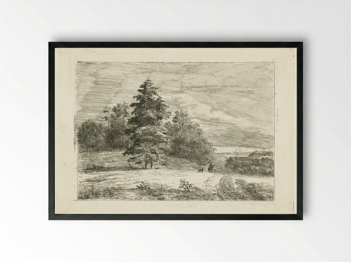 Landschap met een jager met hond - Johannes Adrianus van der Drift - Framed Print Black
