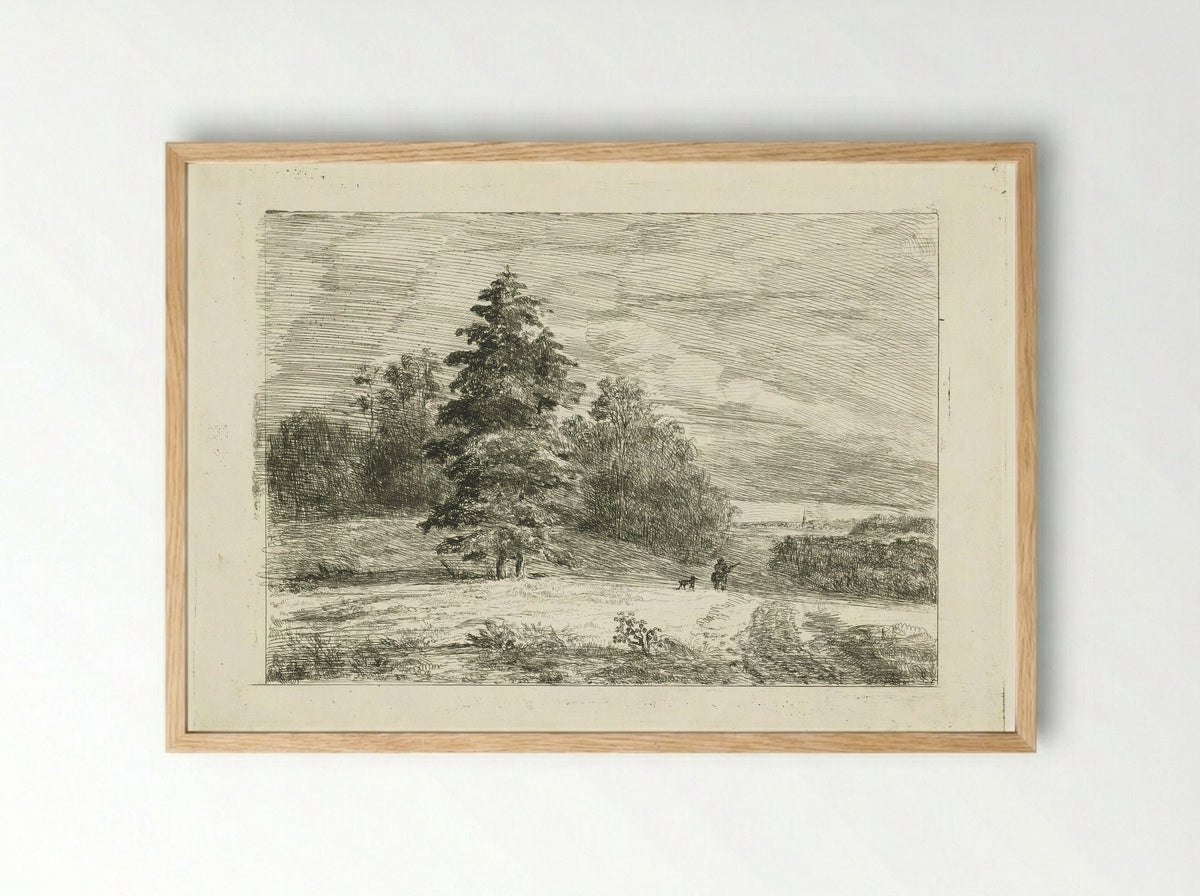 Landschap met een jager met hond - Johannes Adrianus van der Drift - Framed Print Wood