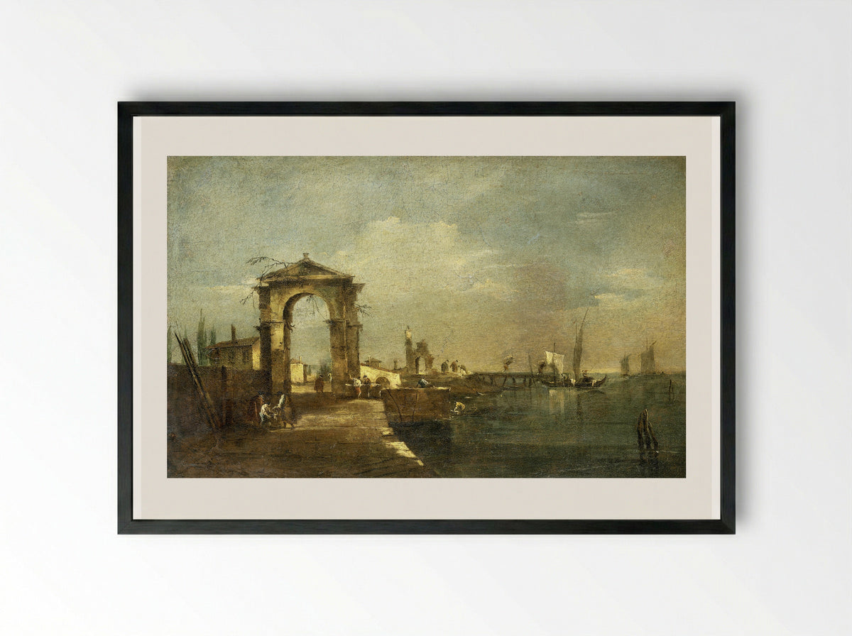 Landschap met een kade en schepen op een meer - Francesco Guardi - Framed Print Black