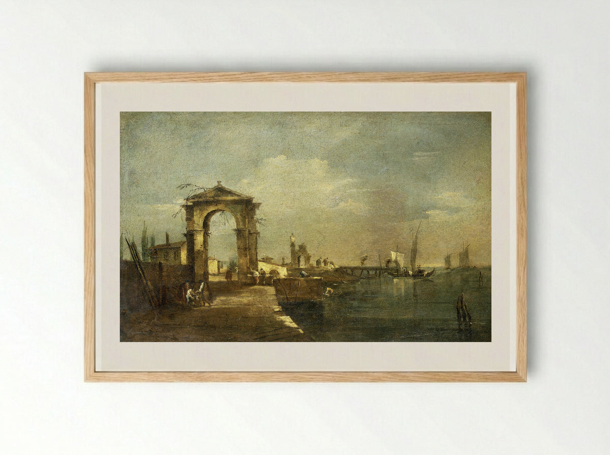 Landschap met een kade en schepen op een meer - Francesco Guardi - Framed Print Wood