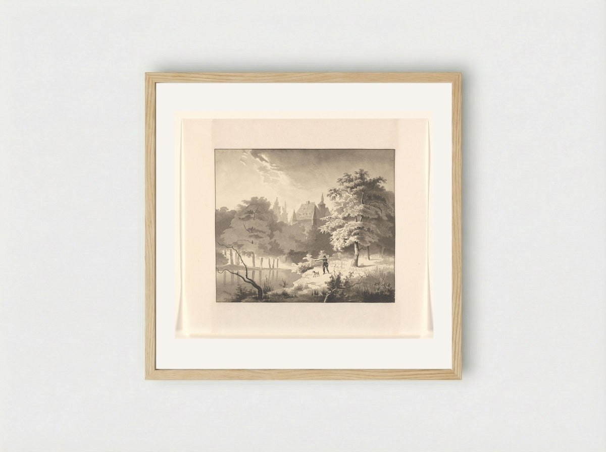 Landschap met een kasteel en jager met hond - Johannes van Reijn - Framed Print Wood